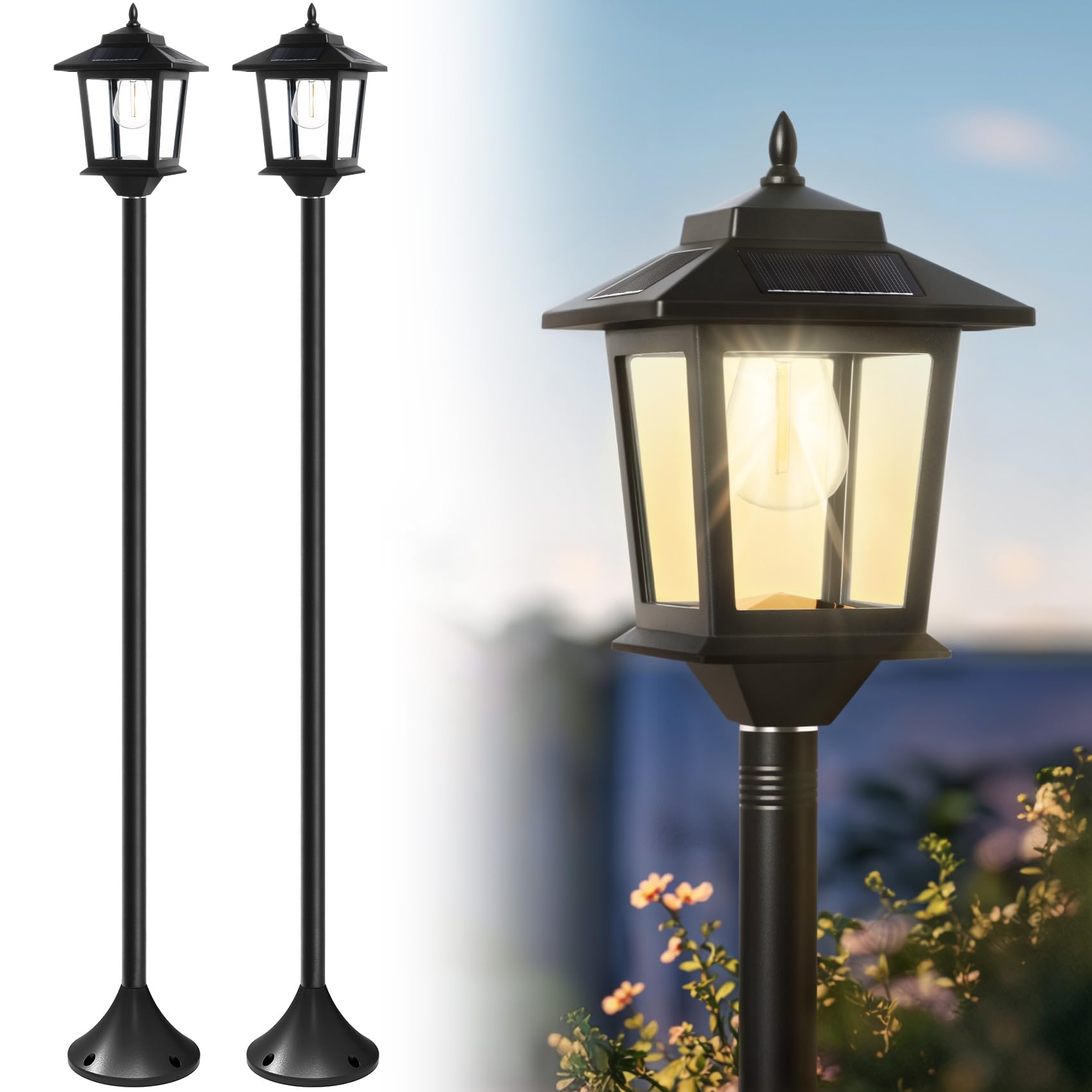 PASAMIC 63 Solar Lamp Post 2Pack, Outdoor Lights Waterproof, Pole Lights Outdoor, Floor Lamp for Patio, Warm White, Replaceable