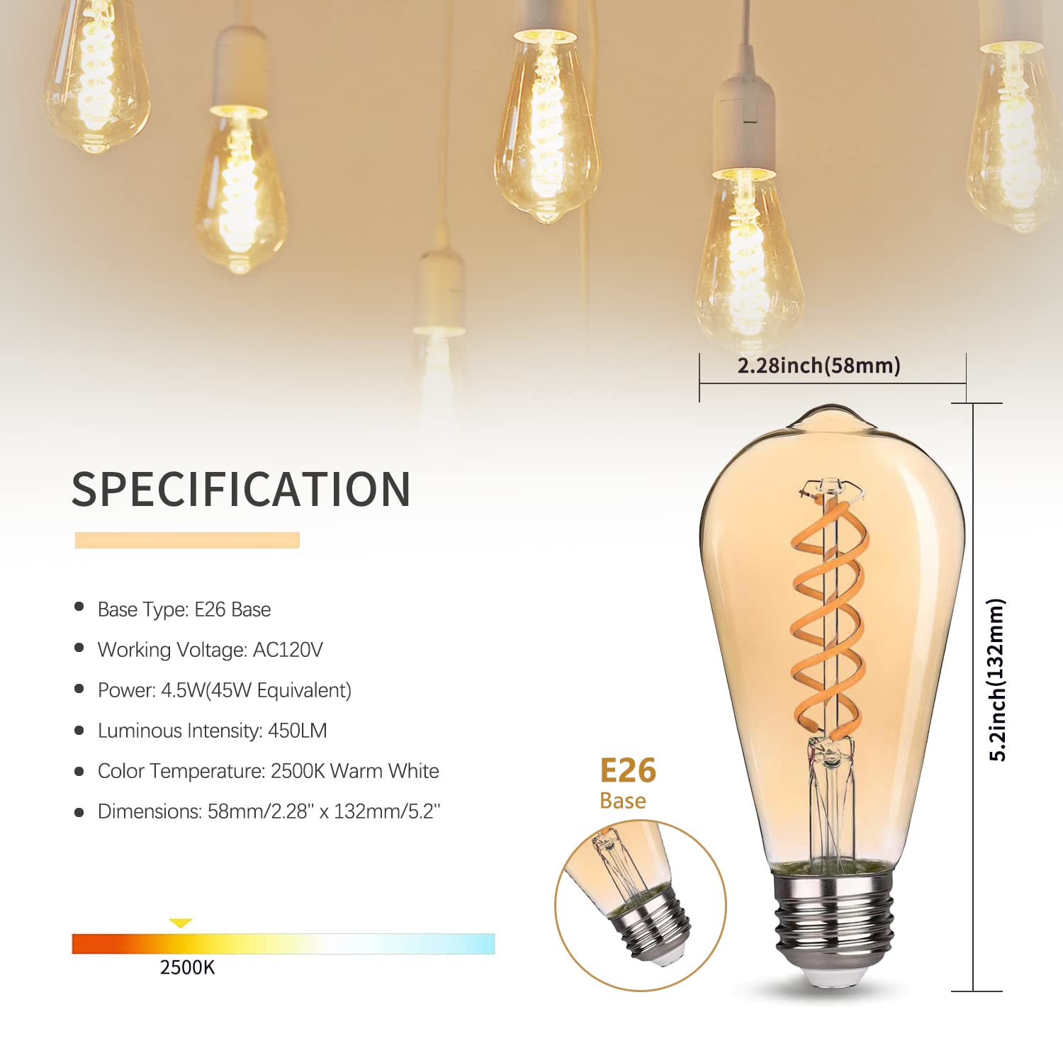 Austin Coast St19/St58 Vintage Led Edison Bulb,4.5W Warm White 2500K,Amber Glass Flexible Spiral Led Filament Light Bulb,450Lm D