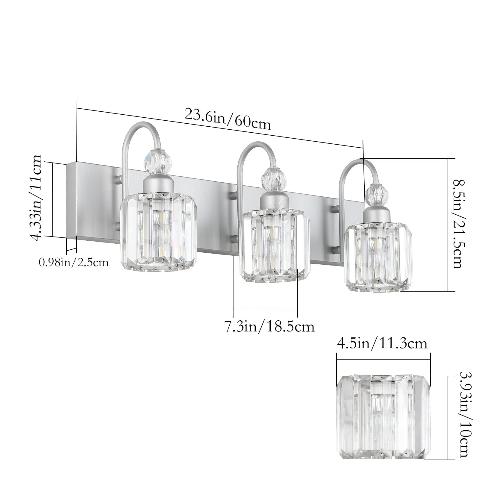 Ralbay Crystal Vanity Light - 3 Light, 24'' Modern Silver Bathroom Vanity Light Fixtures Over Mirror Wall Lights