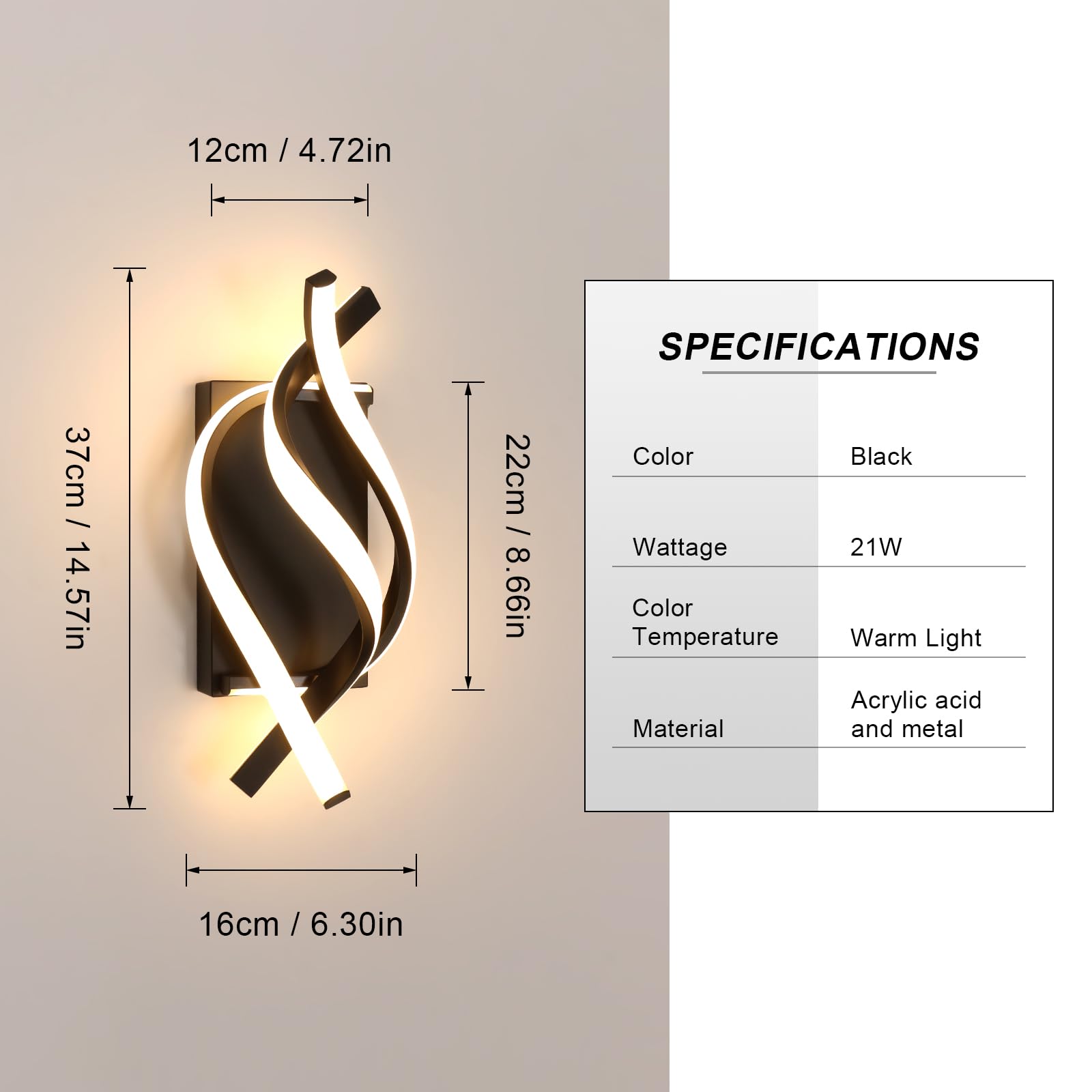 Delipop Modern Led Wall Sconce, 21W 3000K Warm Light, Black Acrylic Fixture For Indoor Use