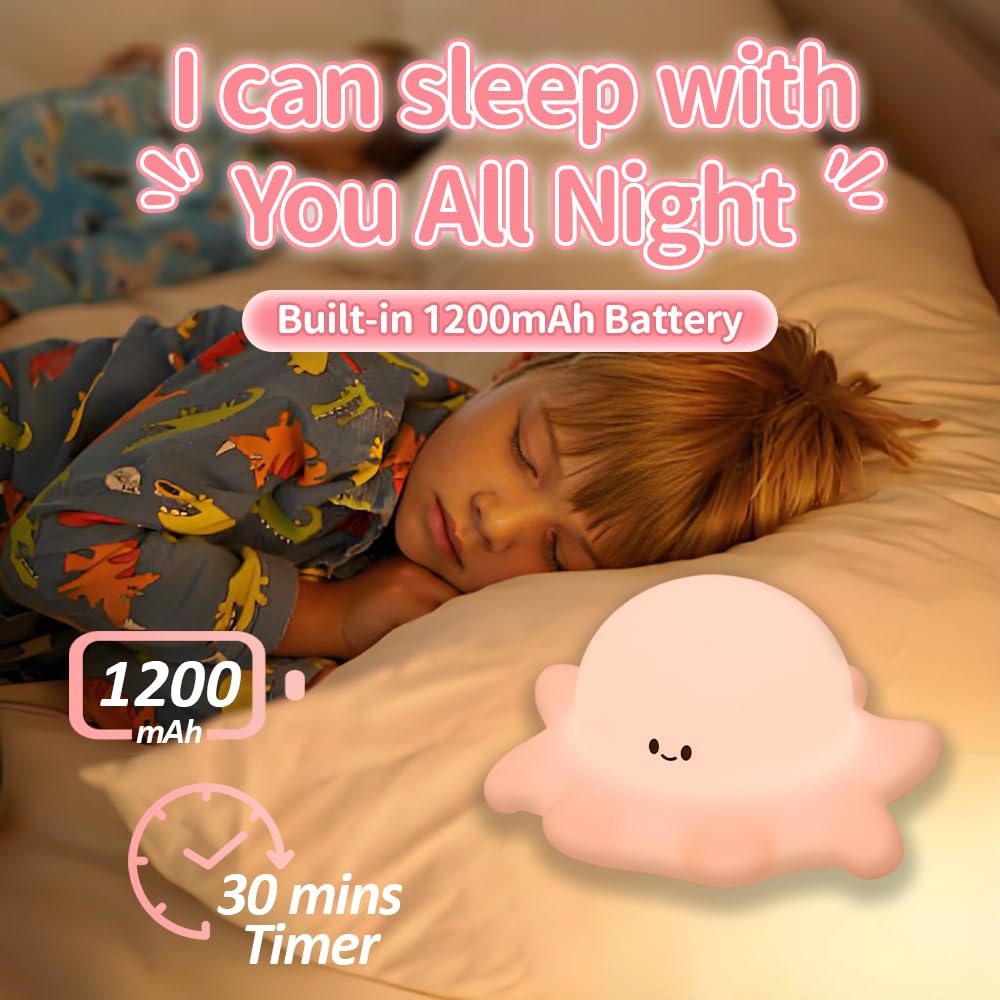 Baby Octopus Silicone Night Light, Novel and Interesting Silicone Nursery Night Lamp, Adjustable Rechargeable Table Bedside Lamp