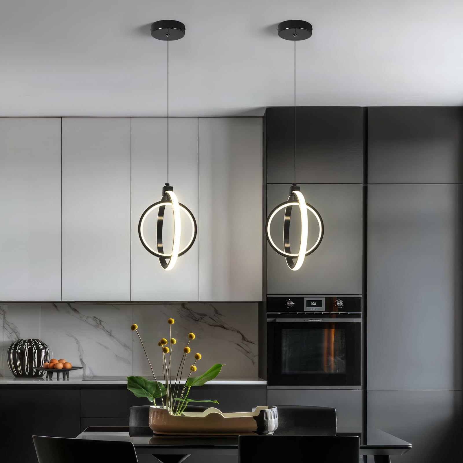 Bnhhlz Modern Led Pendant Lights Plated Black Farmhouse Ring Pendant Light Fixtures 4000K Dimmable Round Pendant Lighting For Di