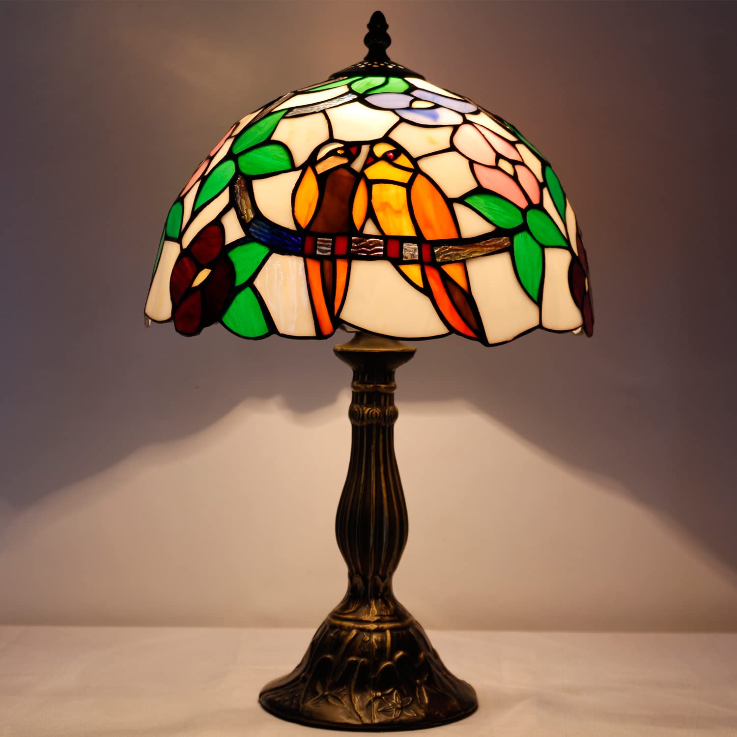 WERFACTORY Tiffany Table Lamp, Stained Glass Bedside Light, 12x12x18 Inches, Double Tropical Birds S803 Series