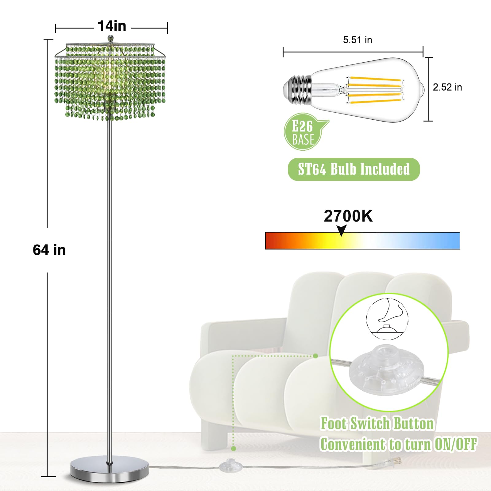 Crystal Floor Lamp, 64'' Tall Elegant Standing Lamp With On-Off Foot Switch, Silver Lamp With Green Double-Layer Crystal Lampsha