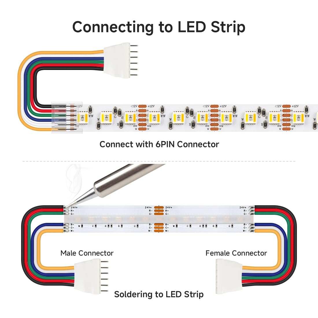 Btf-Lighting 10 Pairs 15Cm 6Pin Jst Sm Male/Female 24Awg Wire Cable Connector Plug For Flexible 5050 Rgbww Rgbcct Smd Fcob Led S