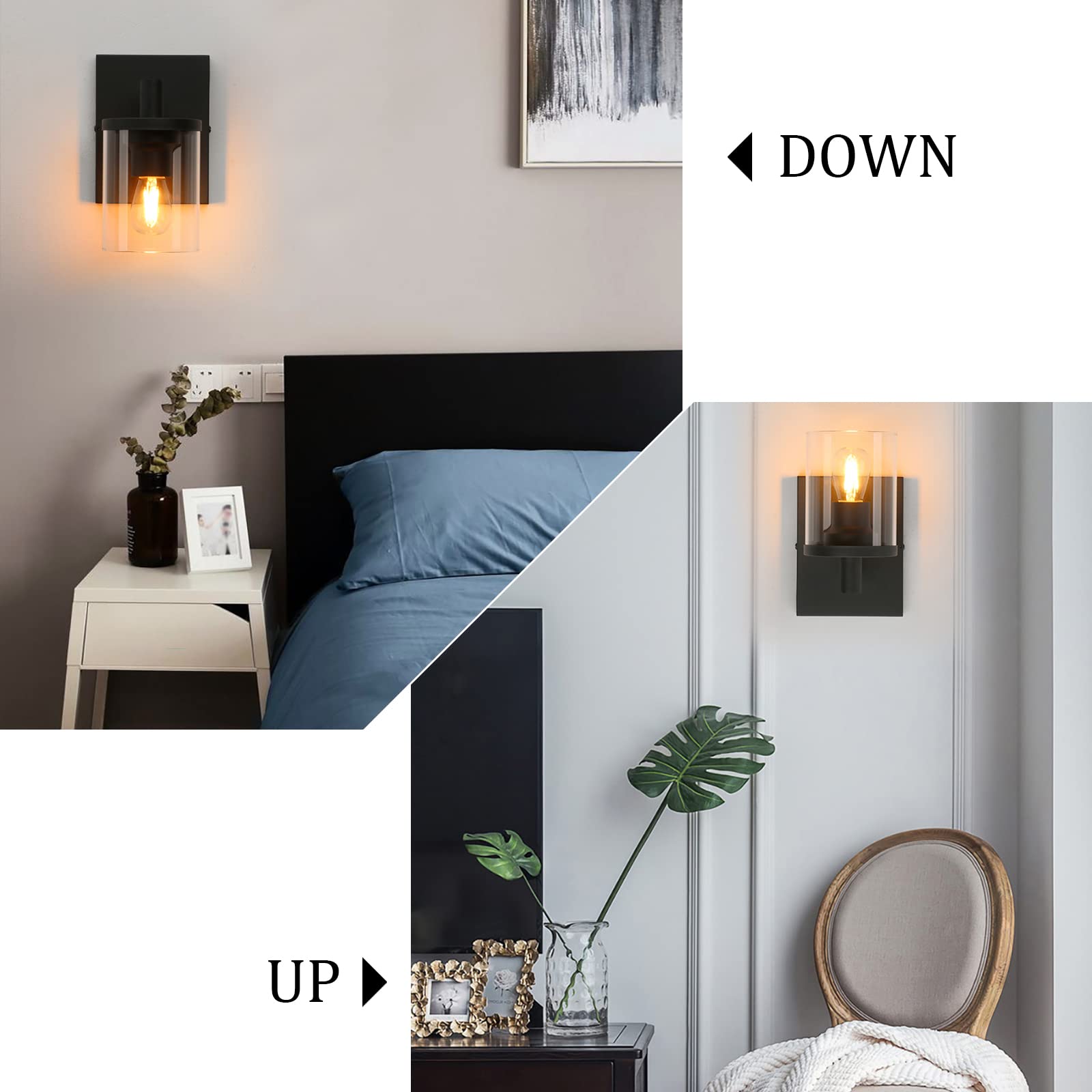 Pathson Vintage Wall Sconce, 1-Light Industrial Bathroom Light Fixture, Clear Glass Shade, Metal Base, Black, Model XLYT1000-H