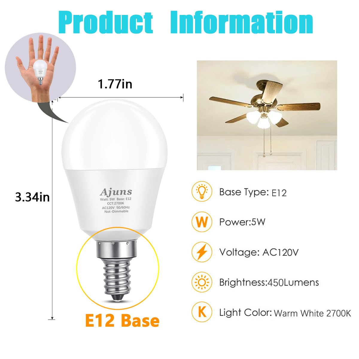 Ajuns 5W Led Bulbs 40W Equivalent E12 Base Warm White 2700K Non-Dimmable A15 Globe Shape, 6 Pack, 450 Lumen