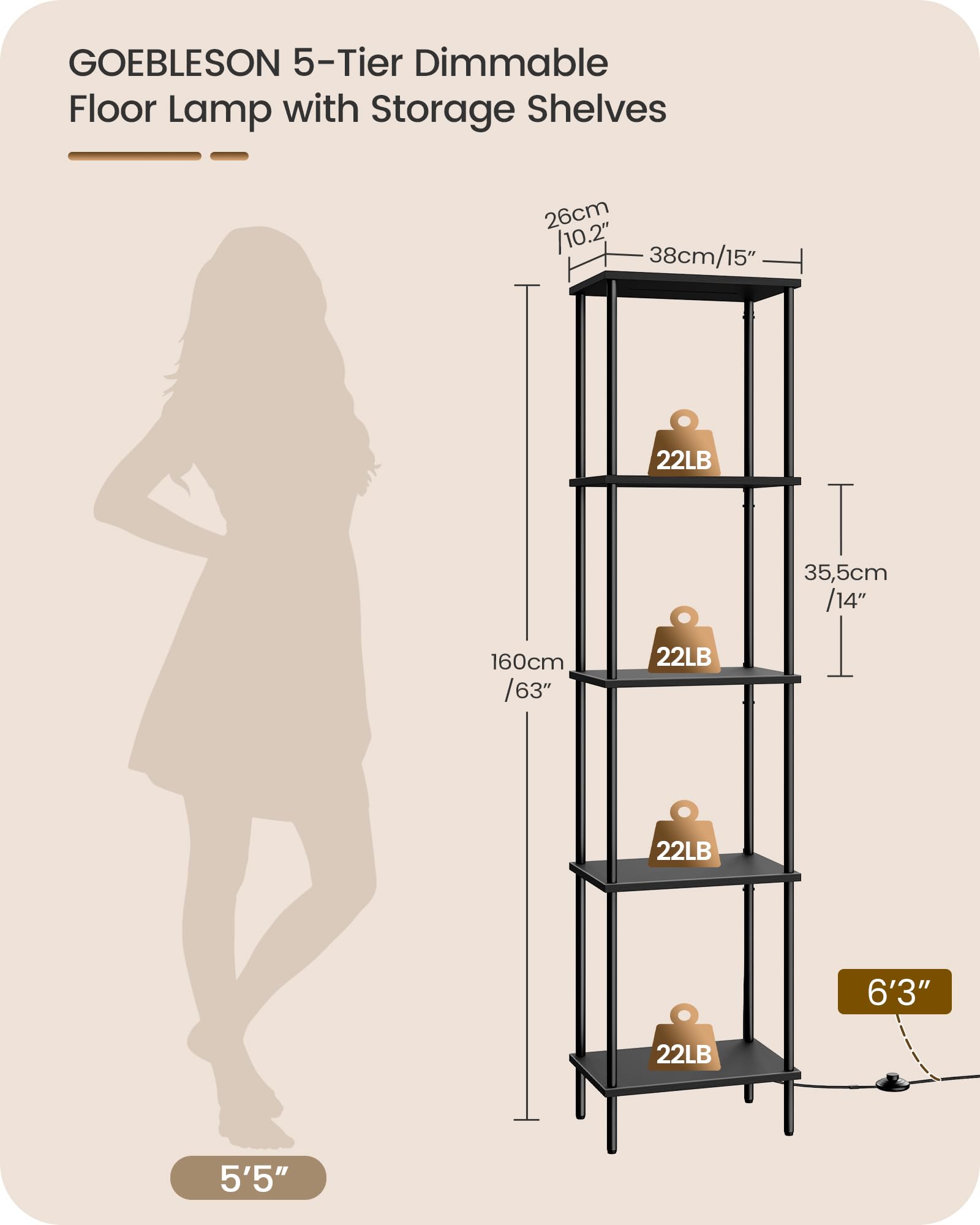 GOEBLESON 5-Tier Display Shelf Floor Lamp with Dimmable LED Light, Black, Model B52LD05, Remote & Foot Control, Corner Design