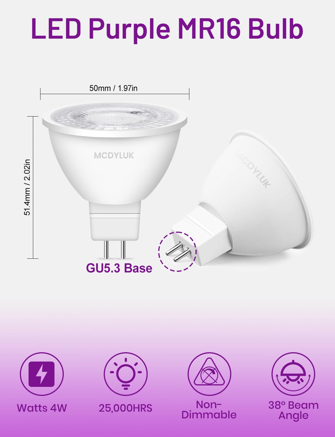 Mcdyluk Led Mr16 Purple Light Bulb 4W  20W 35W 50W Halogen Equivalent  12V Low Voltage Gu5.3 Bi-Pin Led Purple Bulbs For Outdoor Landscape Yard Garden Tree Pool Holiday Lighting  38 Deg  6 Pack
