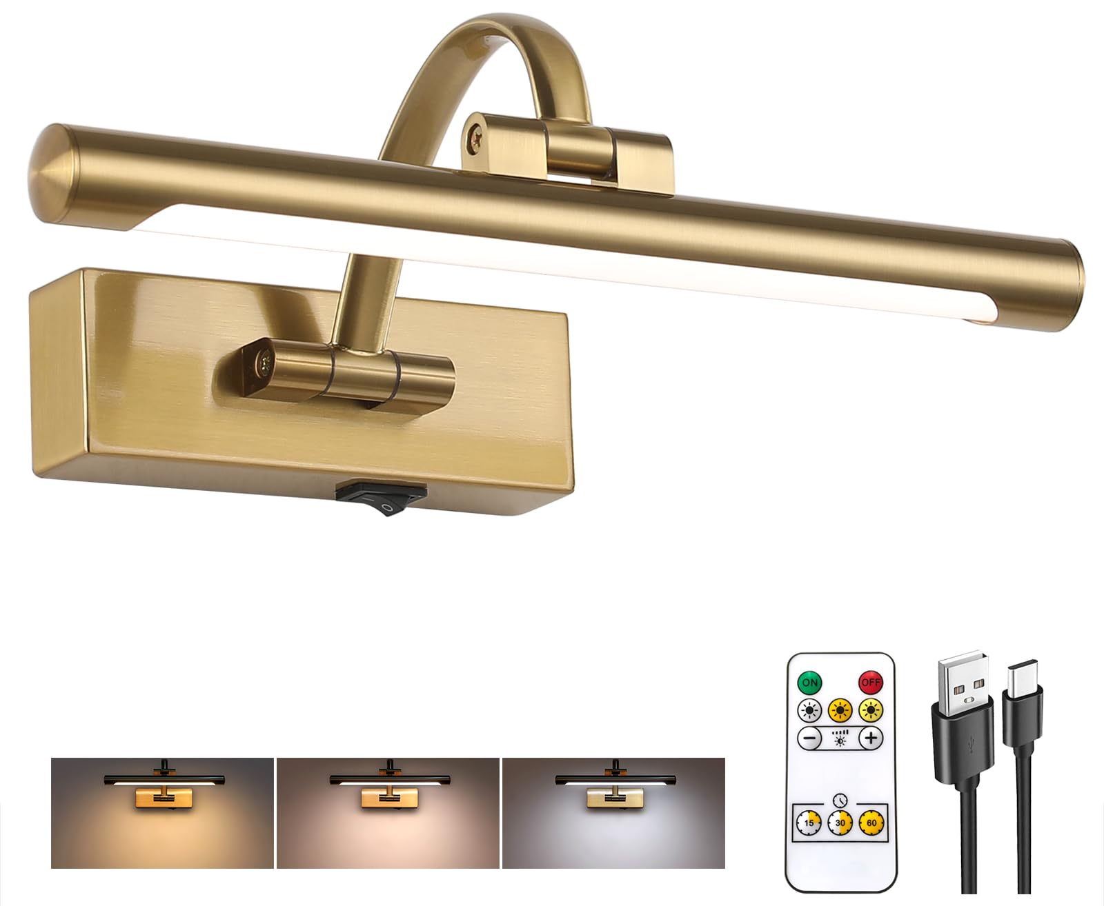 Tassuowell Rechargeable Picture Light with Remote Control,12 Inch Brass Finish Adjustable Wireless Art Lighting Fixture,Painting