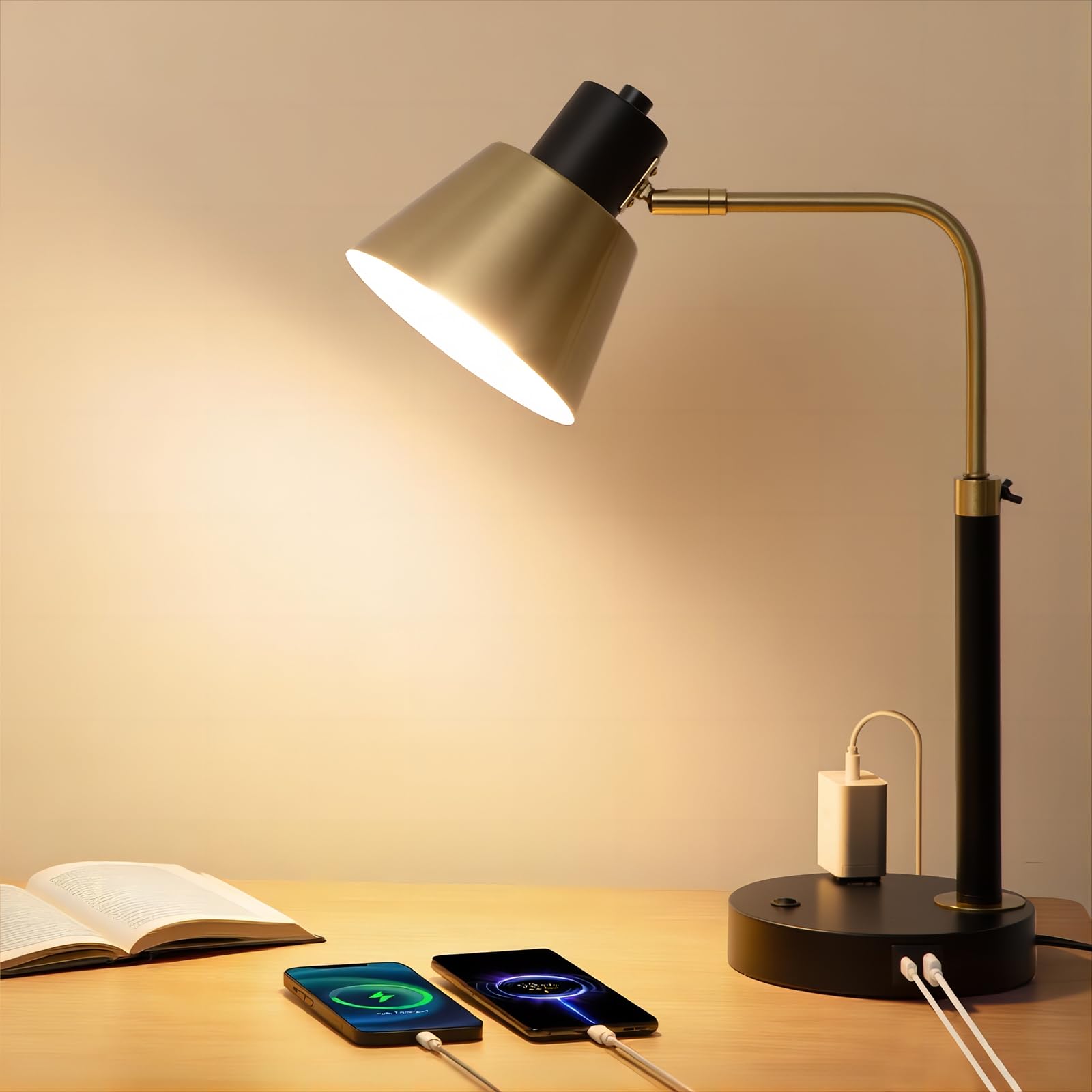 StarBands Desk Lamp with Dual USB Charging Port  Heavy Duty Metal Task Light  340 Degree Swivel Arms  Easy Assembly with Cord Guide  Reading Lamp for Home Office  Black & Gold (Bulb Not Included)