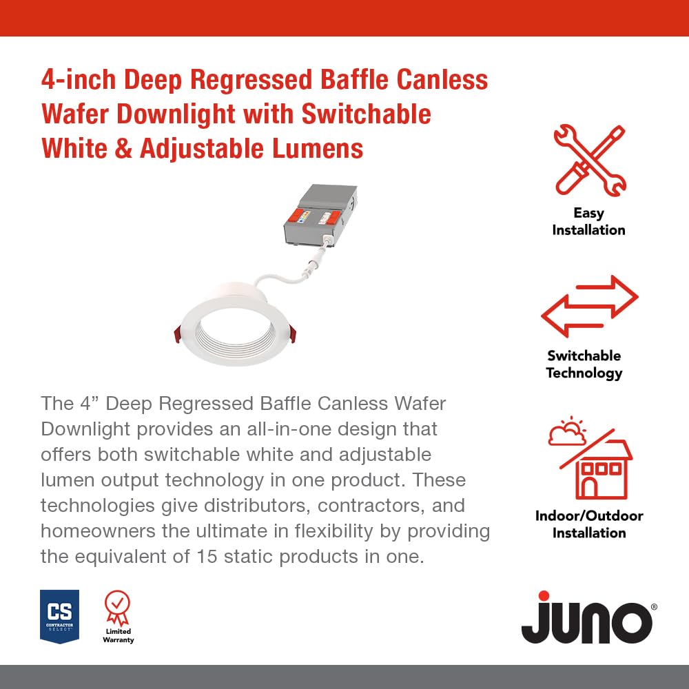Juno Canless LED Wafer Light, 4-Inch, Matte White, Switchable Color Temp 2700K-5000K, Deep Regressed Baffled Trim, Model WF