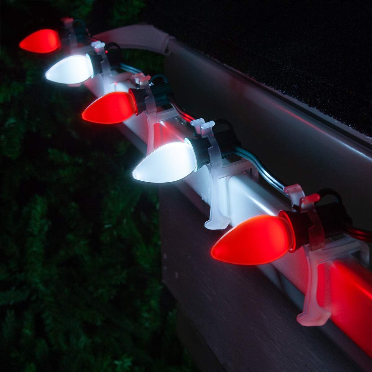 C7 Led Christmas Lights Outdoor, 25Ft Christmas Red White String Lights With 27 Ceramic Led Bulbs(2 Spare), Connectable Vintage