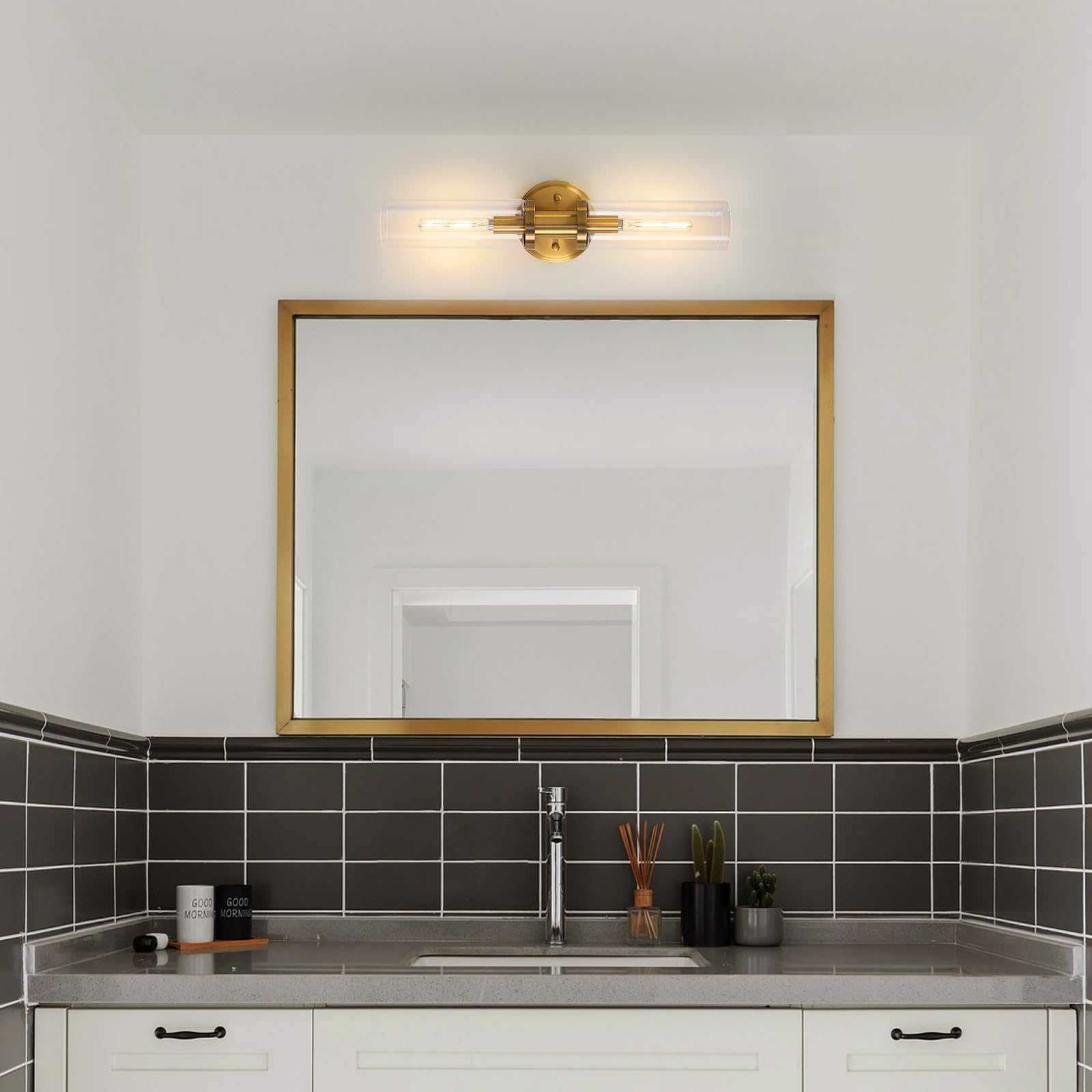 KUZZULL Wall Sconces Set of 2, Brushed Brass Gold with Clear Glass, Modern 28in Light Fixtures, Stylish Wall Decor