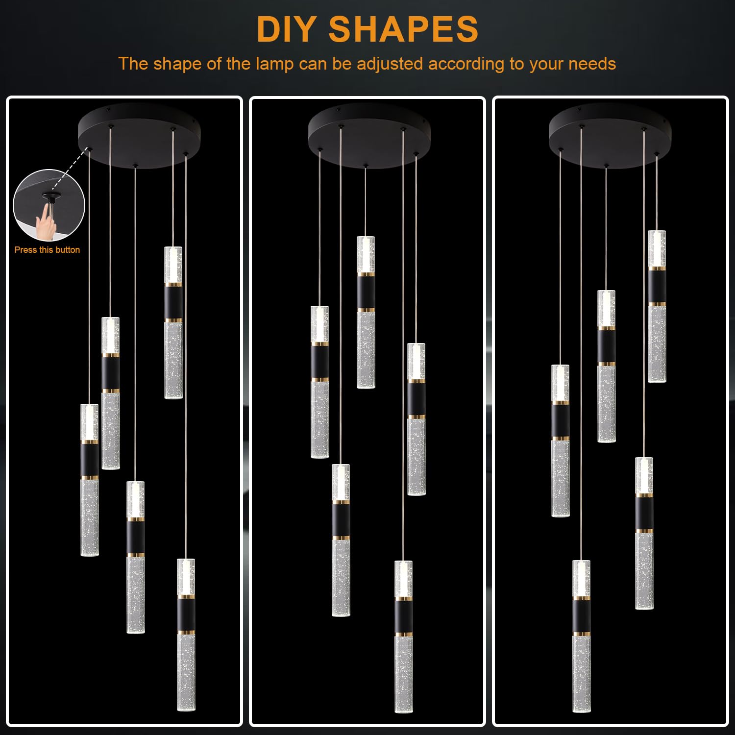 Embring 5-Light Modern Pendant Lights Kitchen Island Lighting Fixture,Dimmable Mordern Led Pendant Light With Remote,Black Gold Pendant Light Modern With Bubble Crystal Pendant Light