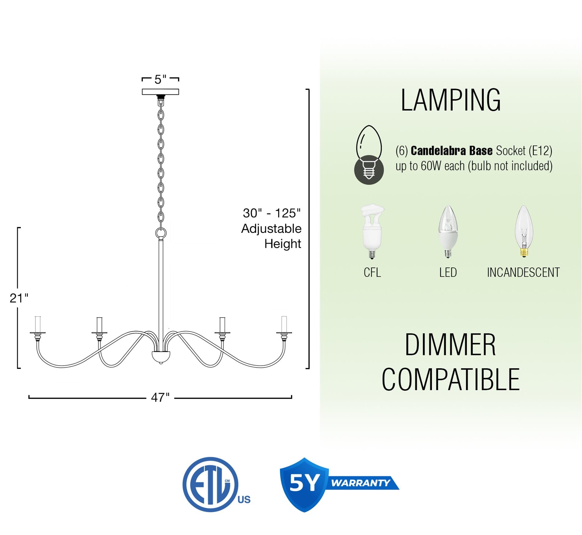 Kira Home Archer 47'' 6-Light Large Modern Chandelier + Curved Arms, Adjustable Hanging Height, Black Finish