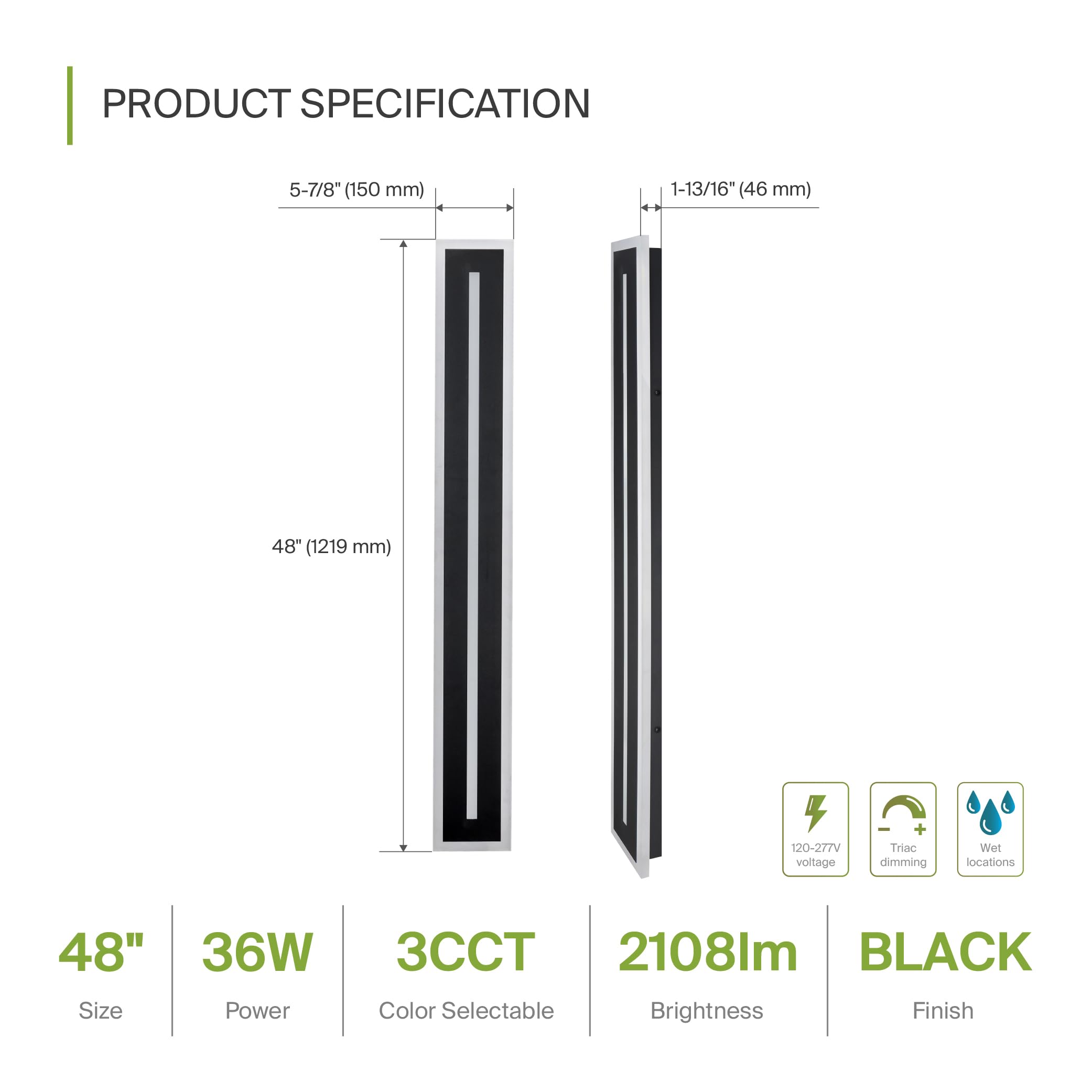 ASD LED Wall Light Fixture 48 Inch 36W 2100LM Dimmable Waterproof Black A-LWS27C-48D36BK