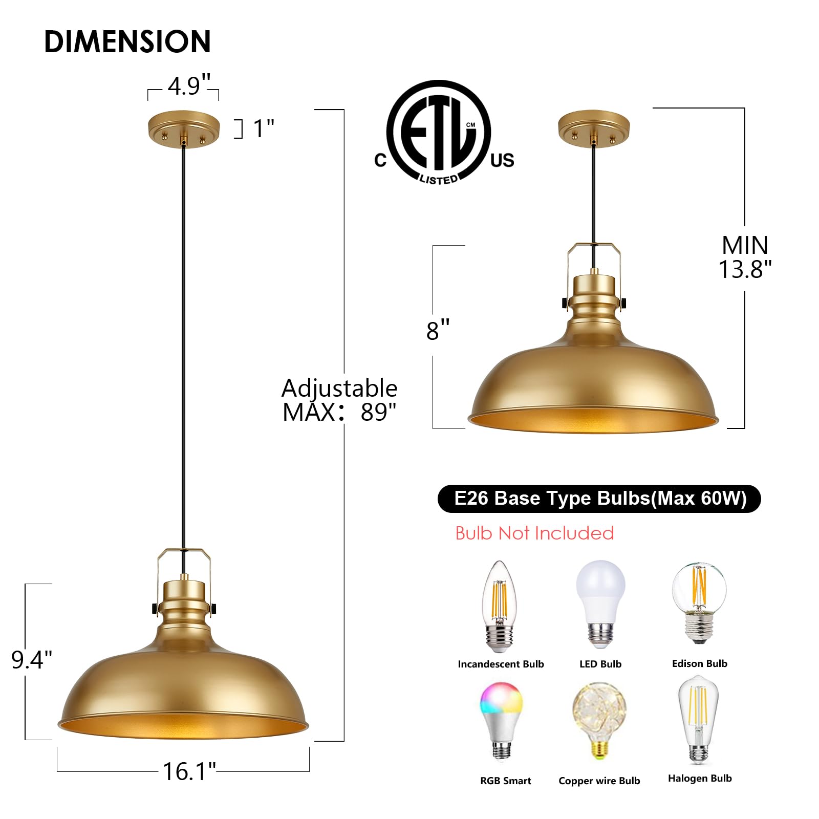 Alaislyc Gold Farmhouse Pendant Lights 16 Inch Matte Pendant Lighting For Kitchen Island Industrial Adjustable Height Vintage Dome Hanging Light Fixtures For Barn  Dining Room 1 Pack
