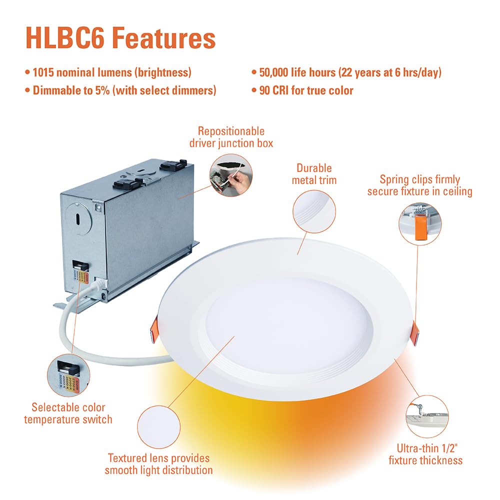 Halo Hlbc 6 Inch Ultra-Slim Regressed Led Downlight, Selectable Cct With Dim To Warm, Canless Installation
