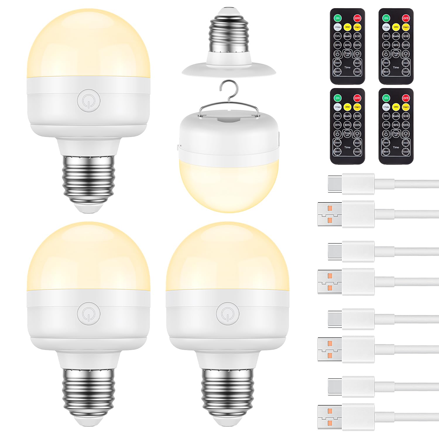 Scopow 10W Rechargeable Light Bulbs With Remote Control Timer 3 Color Temperatures Battery Operated Light Bulbs Dimmer For Non-H