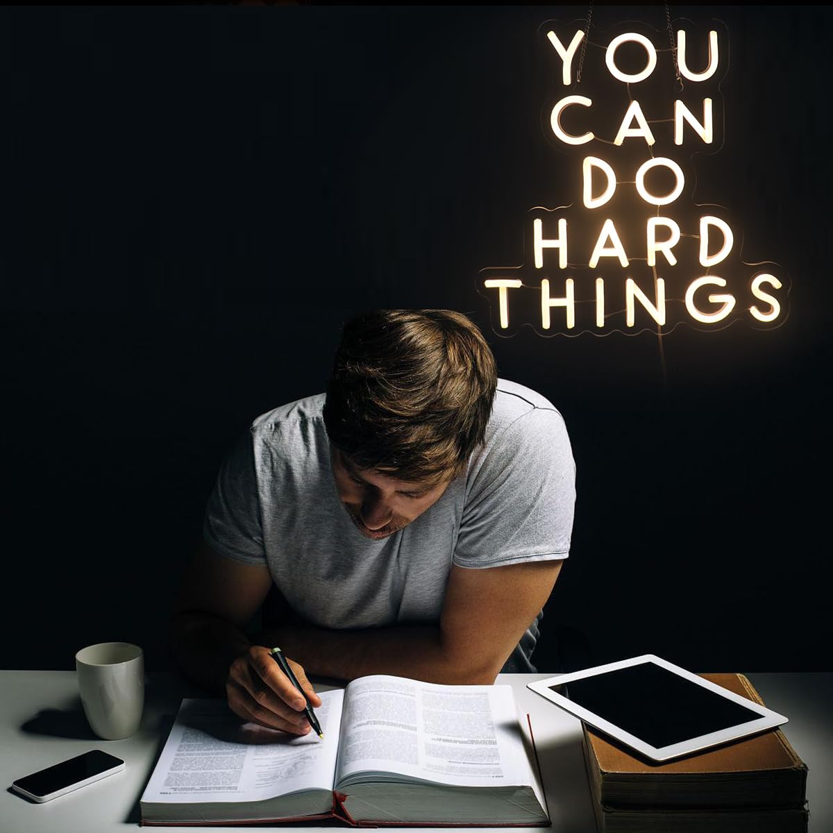 QiaoFei Neon Sign, inYou Can Do Hard Thingsin, Acrylic Wall Hanging, Warm White, Standard Size, Model QFLGT240702001