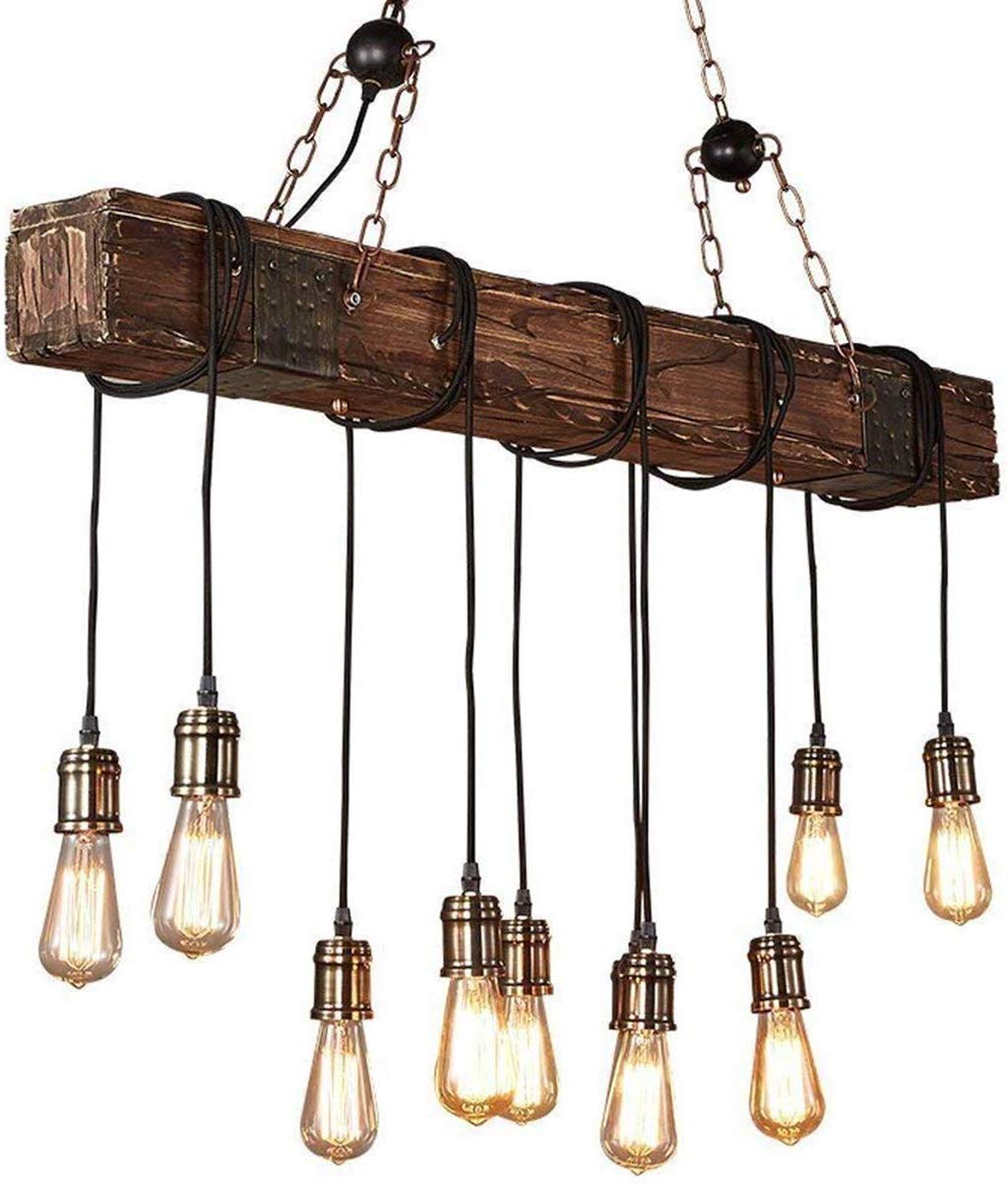 Eoyemin 10-Lights Rustic Chandelier - Industrial Wooden Pendant Light, Adjustable Height, Old Color, Model Eoyemin-ZYMTD-1