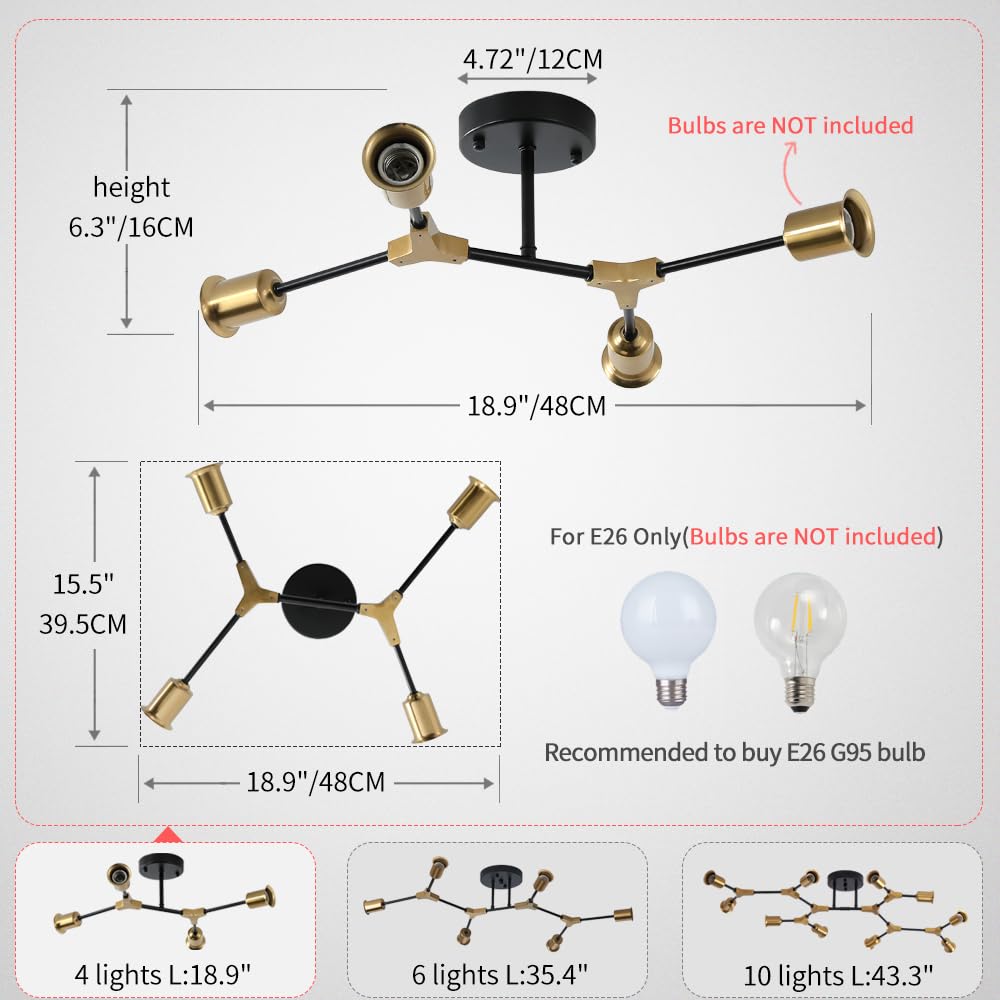 Quoobe Modern Semi Flush Mount Ceiling Light Mid Century 4 Light Lighting Fixture For Dining Room Bedroom Kitchen Foyer Entryway Hallway Metal Gold And Black Sputnik Chandelier