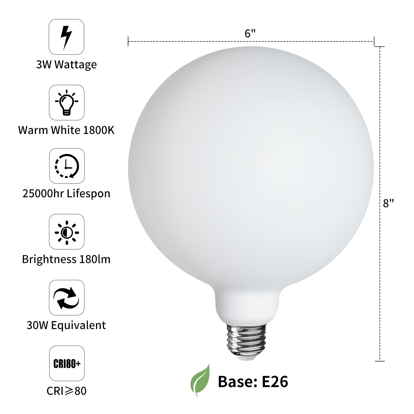 ONEWISH G150 Globe LED Bulb, Matte White E26 Glass Filament, Warm Sunset Design, 6" (φ150mm), Model 13BUL004USB