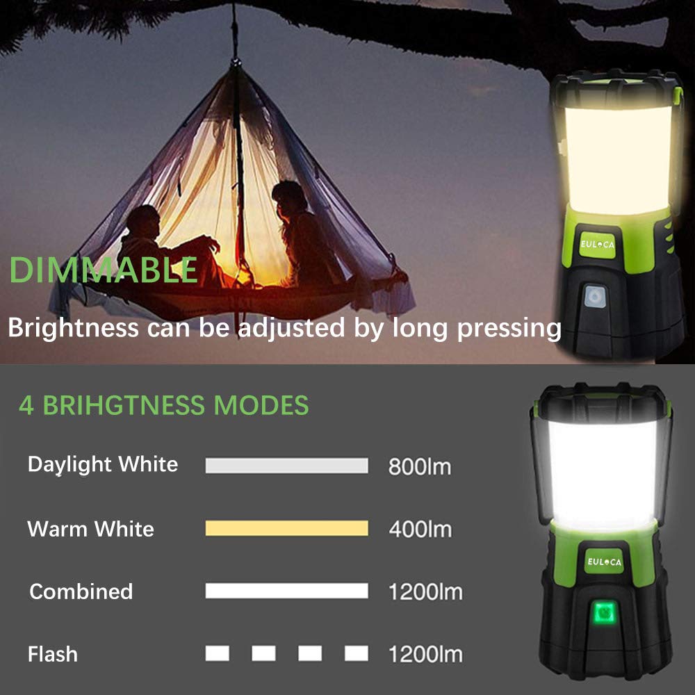 EULOCA Camping Lantern LED, Super Bright 1200lm Dimmable , 4 Light Modes,Power Bank Waterproof Tent Light, Perfect Work Flashlig