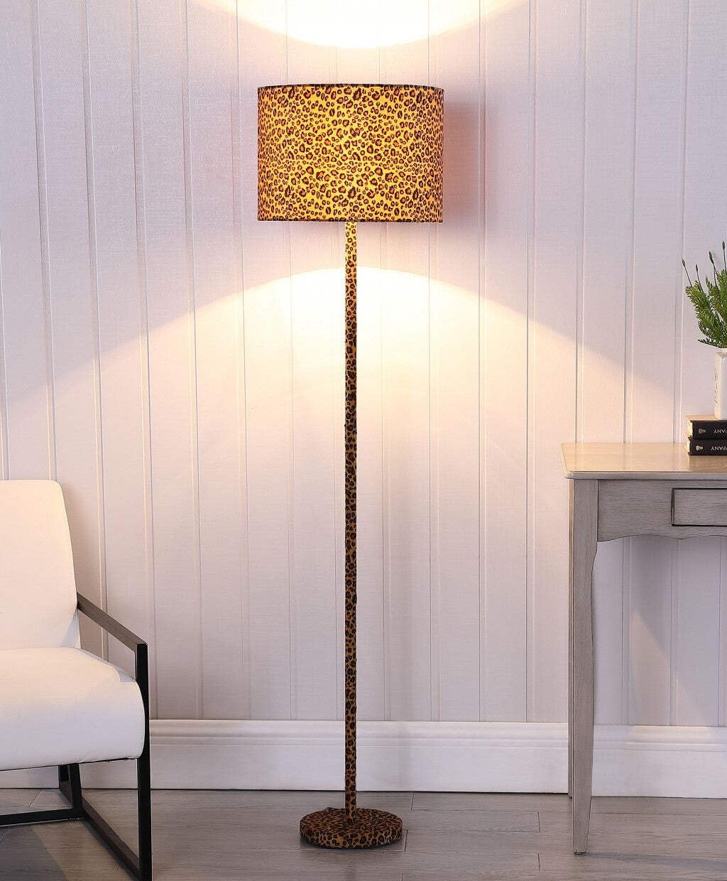 59 Orange And Black Metal Bedside Table Lamp With Orange And Black Drum Shade Leopard Print