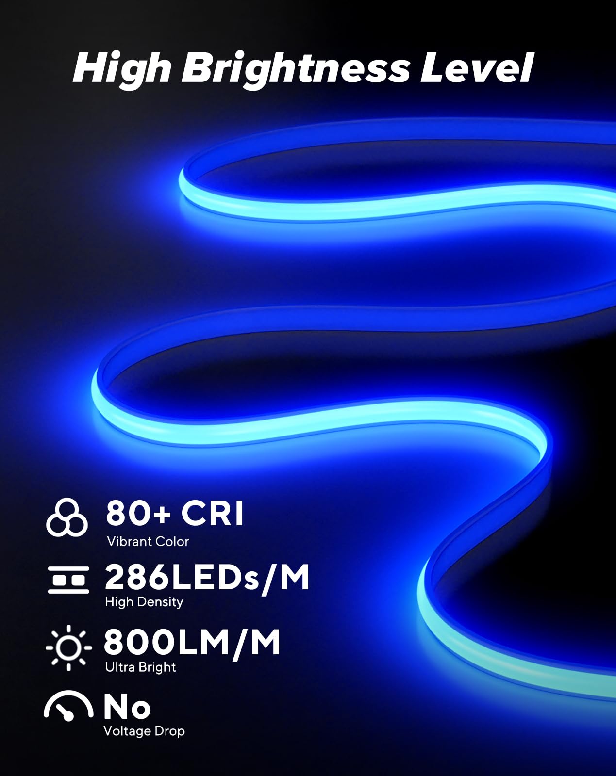 Shine Decor COB LED Rope Light, 800lm, IP65 Waterproof, 16.4ft Blue, Silicone, Model COBNeon-B-5M