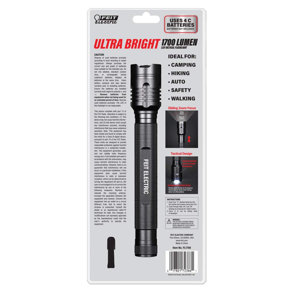 Feit Electric LED Tactical Flashlight - 1700 Lumen Bright White - Aluminum Alloy, 9.76 inches, Zoomable, Model FL1700