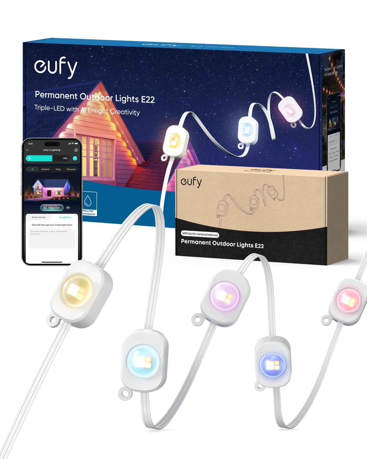 Eufy Permanent Outdoor Lights E22  150Ft With 90 Triple-Led Lights  Smart Rgbww  Daily And Holiday  Up To Ip67 Waterproof  Ai Lighting Themes For Halloween  Christmas  Links With Cameras  White