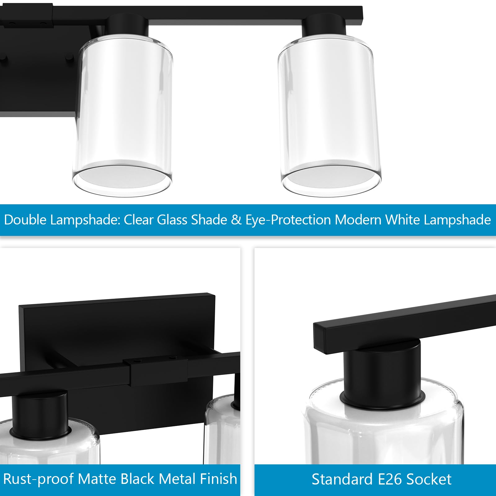 Zhizenl Bathroom Light Fixtures Over Mirror, 4 Lights Matte Black Vanity Lights With White Glass And Clear Glass Lampshade, Modern Black Bathroom Vanity Lights, Bath Wall Sconces Lighting