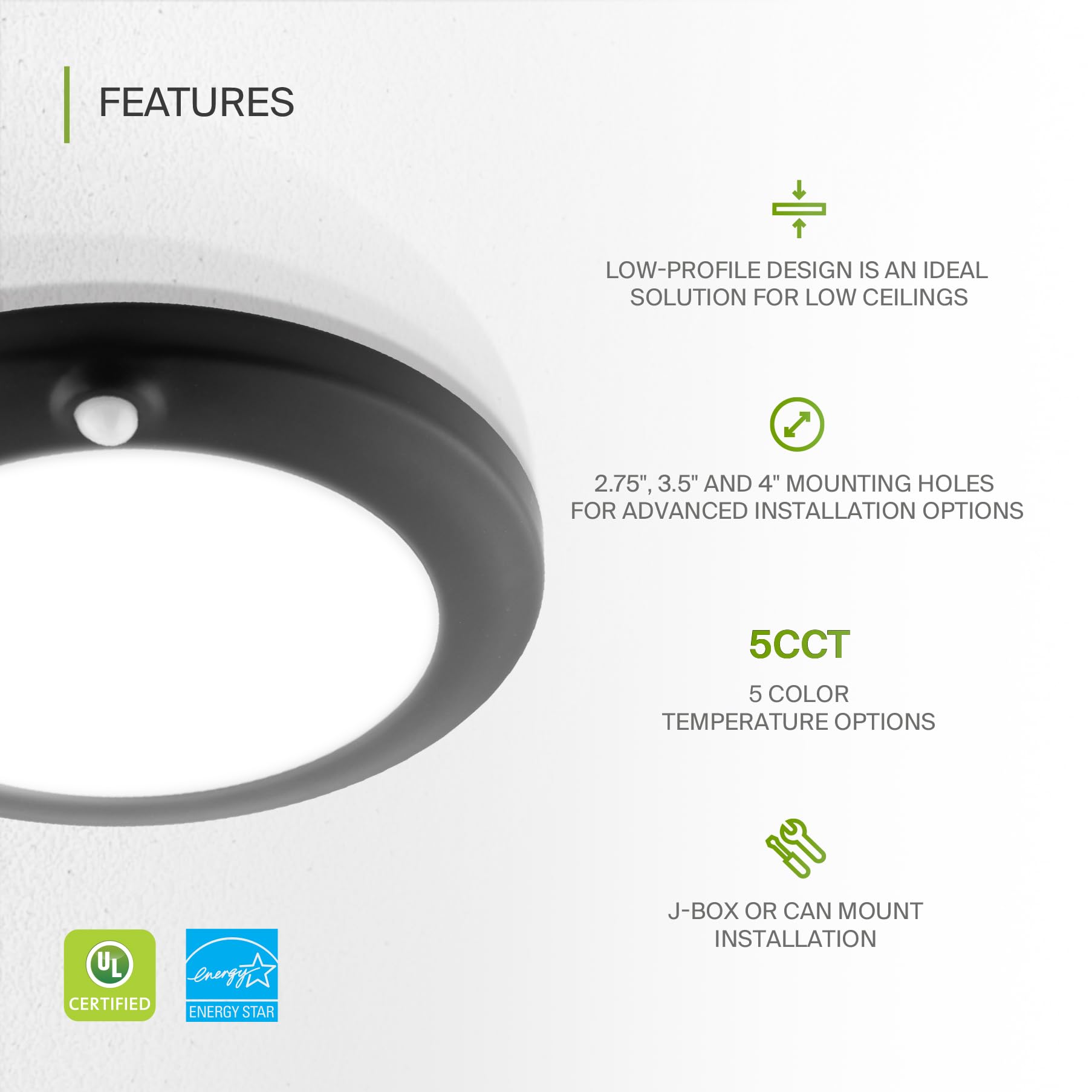 Asd Motion Sensor Led Disk Lights 6 Inch, 2700K/3000K/3500K/4000K/5000K, 15W Indoor Ceiling Flush Mount Light Fixture, Low Profi
