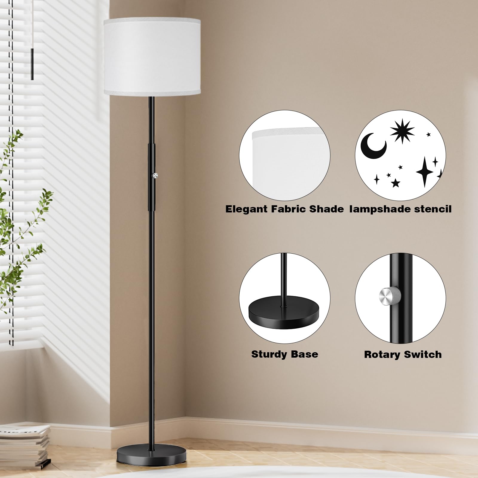 PARTPHONER Floor Lamp Modern Tall 65? Metal Design for Living Room Bedroom, Black A, Model TKFP108AB1, Bulb Included