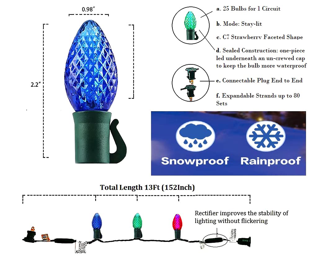 Borita Outdoor C7 LED Christmas Lights, Multicolor, 25 LEDs, 13FT Green Wire, Heavy-Duty Decorative String Lights, Model DL5-25-01-B