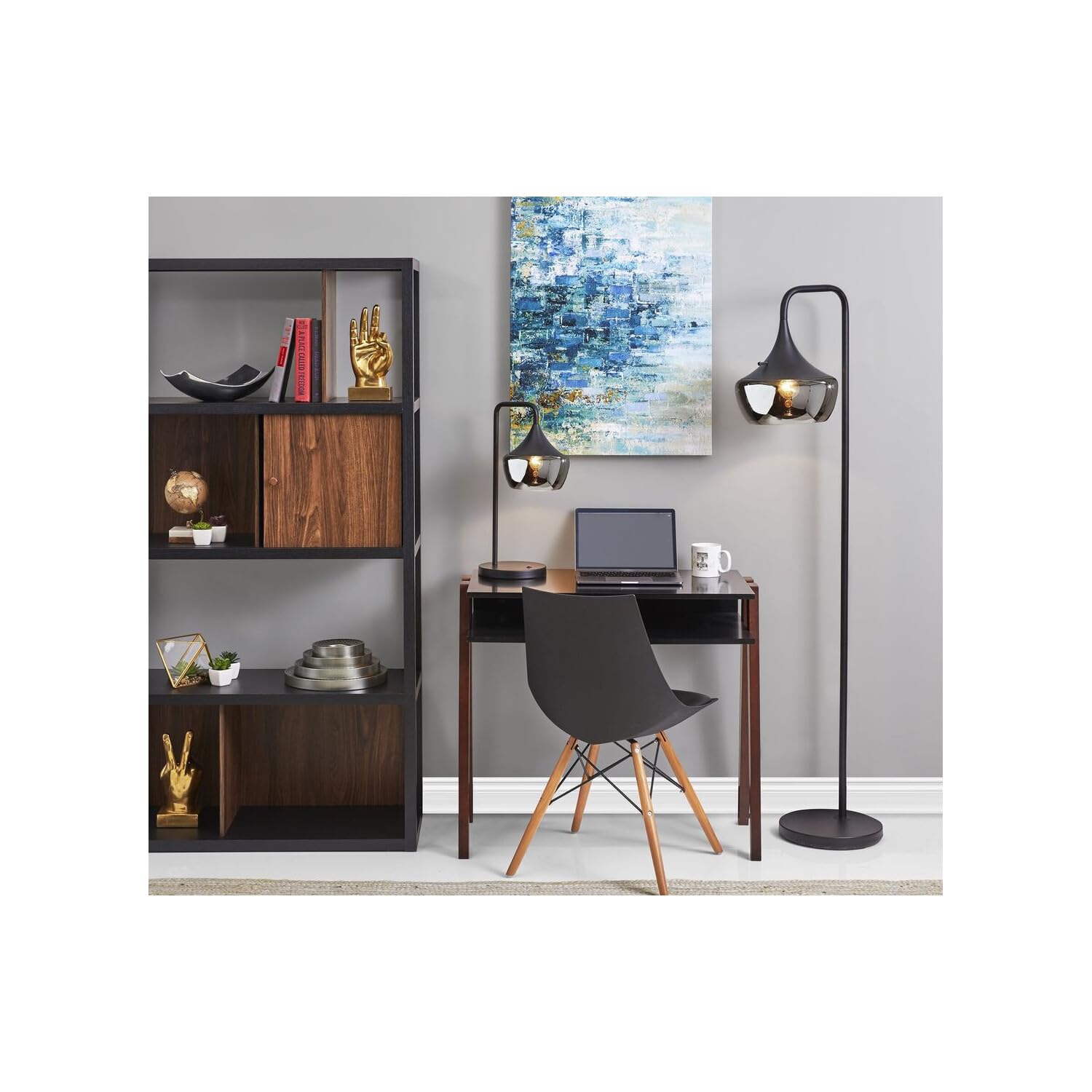 Homeroots 64&quot; Black Task Floor Lamp With Black Bowl Shade