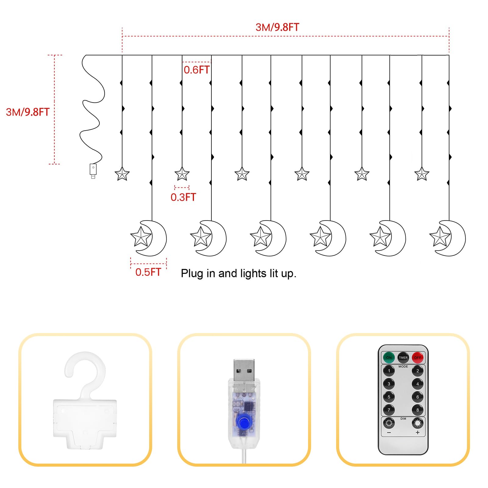 FIALAME 130 LED Ramadan Star Moon Curtain String Lights, Remote & USB Plug, White, Model YOLO