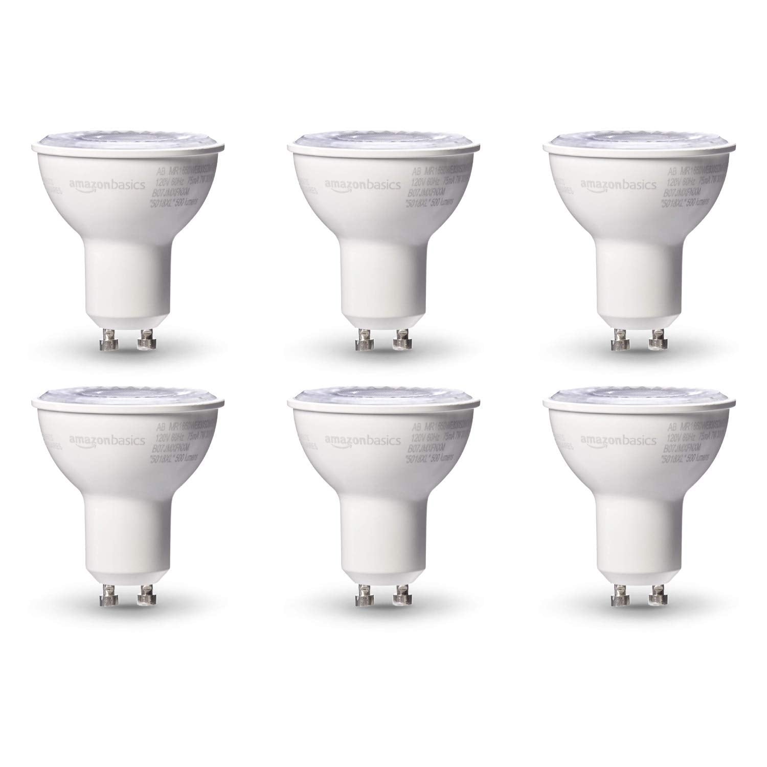 Amazon Basics MR16 LED Light Bulb, 50 Watt Equivalent, Energy Efficient 7W, GU10 Base, Warm White 3000K, Dimmable, 10,000 Hour Lifetime , 6-Pack