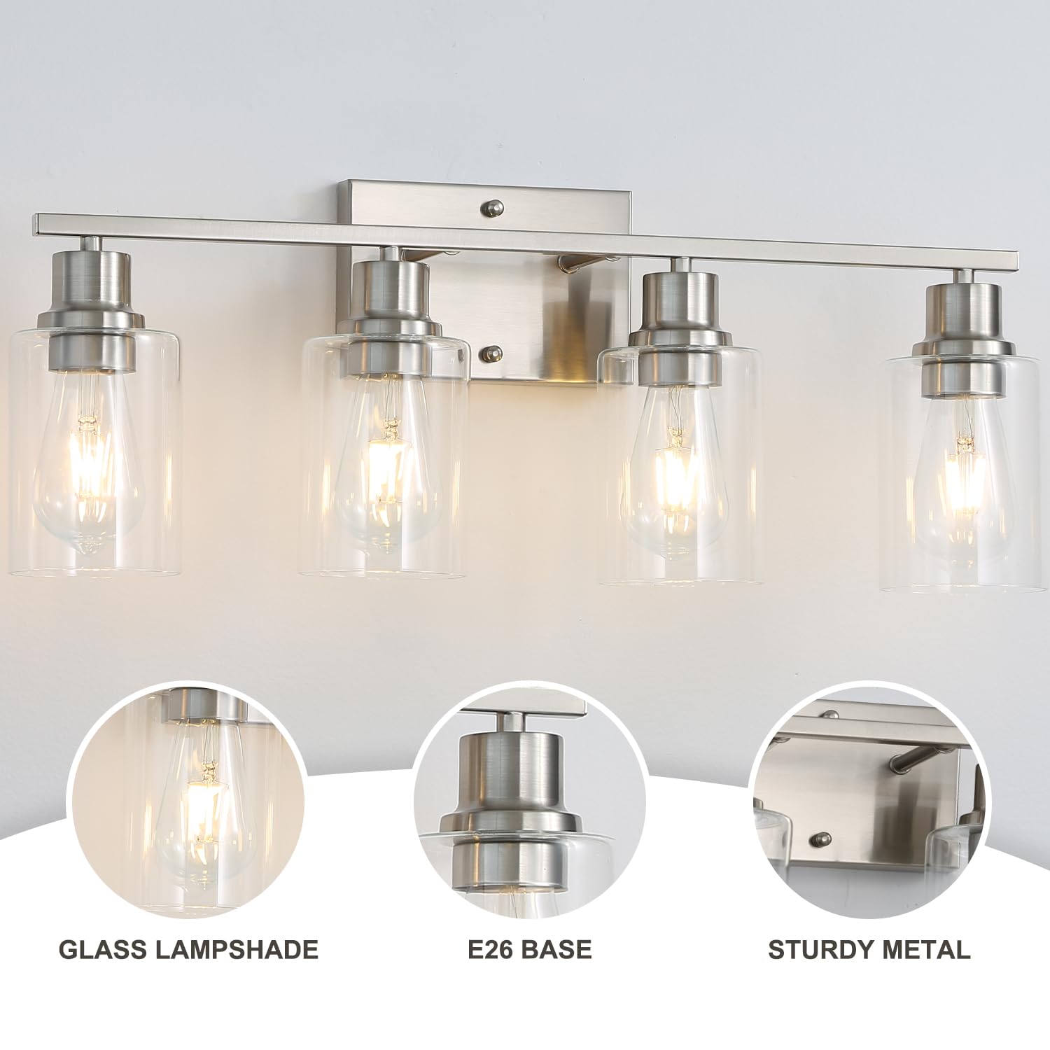 Jodauirt Modern Wall Lighting 4-Lights Brushed Nickel Wall Lamp Fixtures,24" Vintage Wall Sconces With Clear Glass Shades, Farmhouse Bathroom Vanity Light ?For Mirror,Bedroom,Living Room