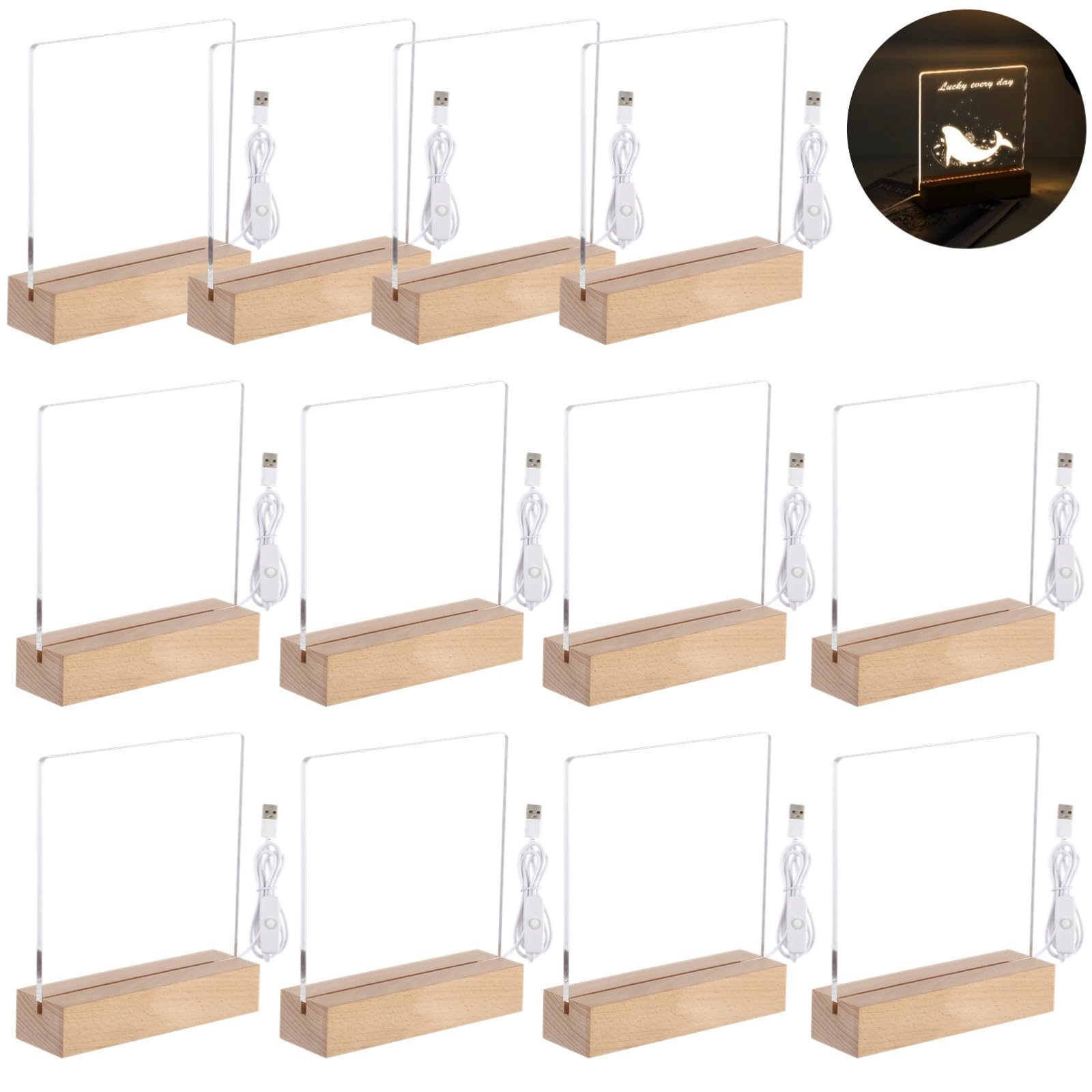 Led Wooden Acrylic Light Base And Blanks (12) 7''Led Acrylic Light Base, Transparent Acrylic Night Lights With Usb Cables