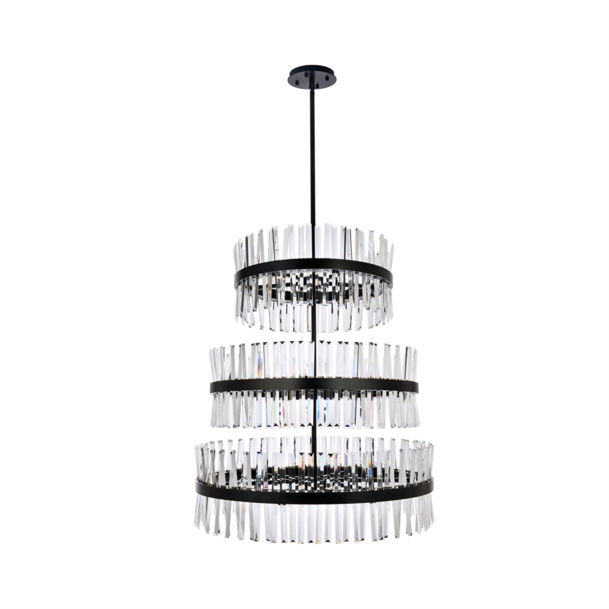Elegant Lighting Serephina 36in Crystal Round Chandelier, 3 Tiers, Black, Iron, Model 6200G36L3BK