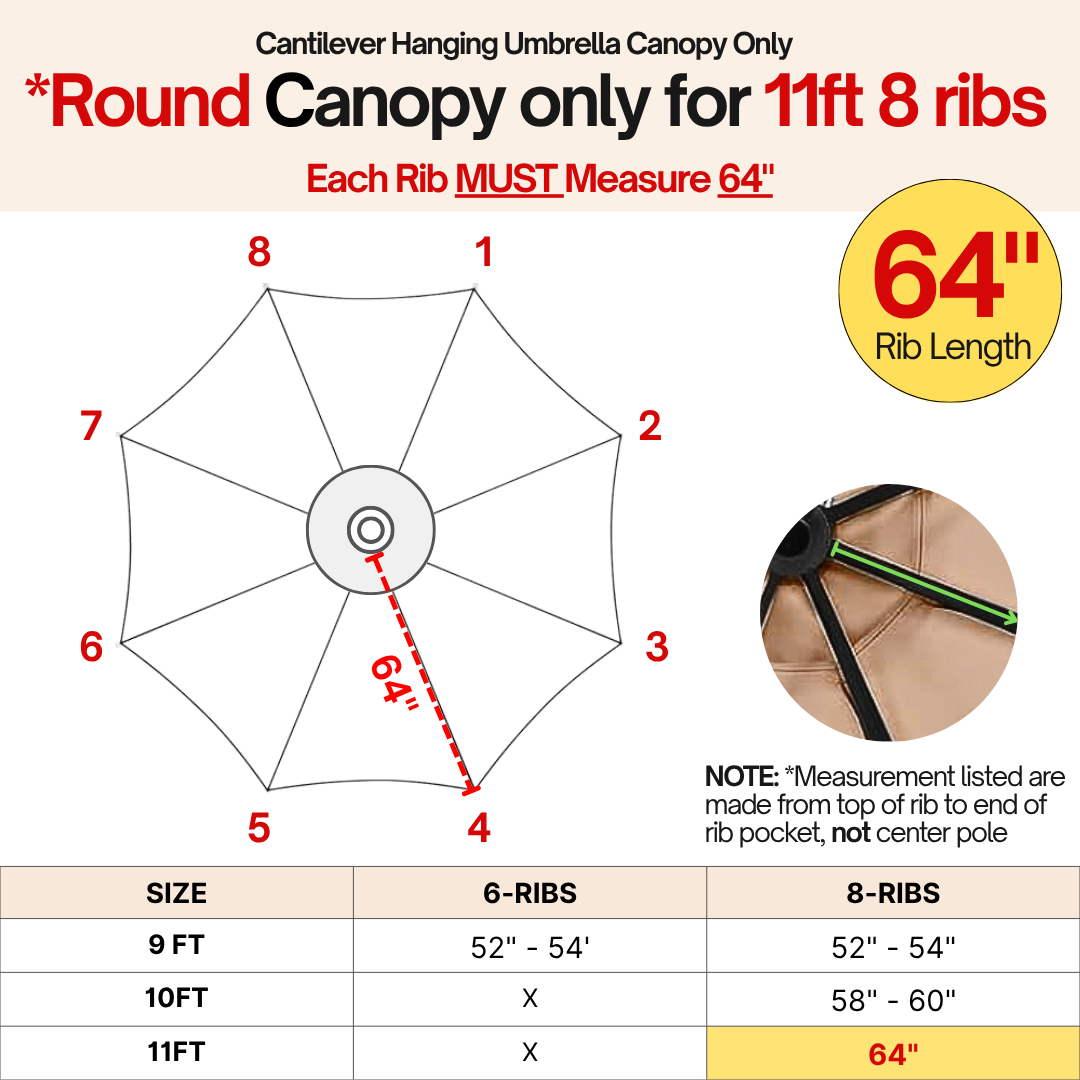11ft Cantilever Hanging Umbrella 8 Rib Replacement Canopy Navy Olefin