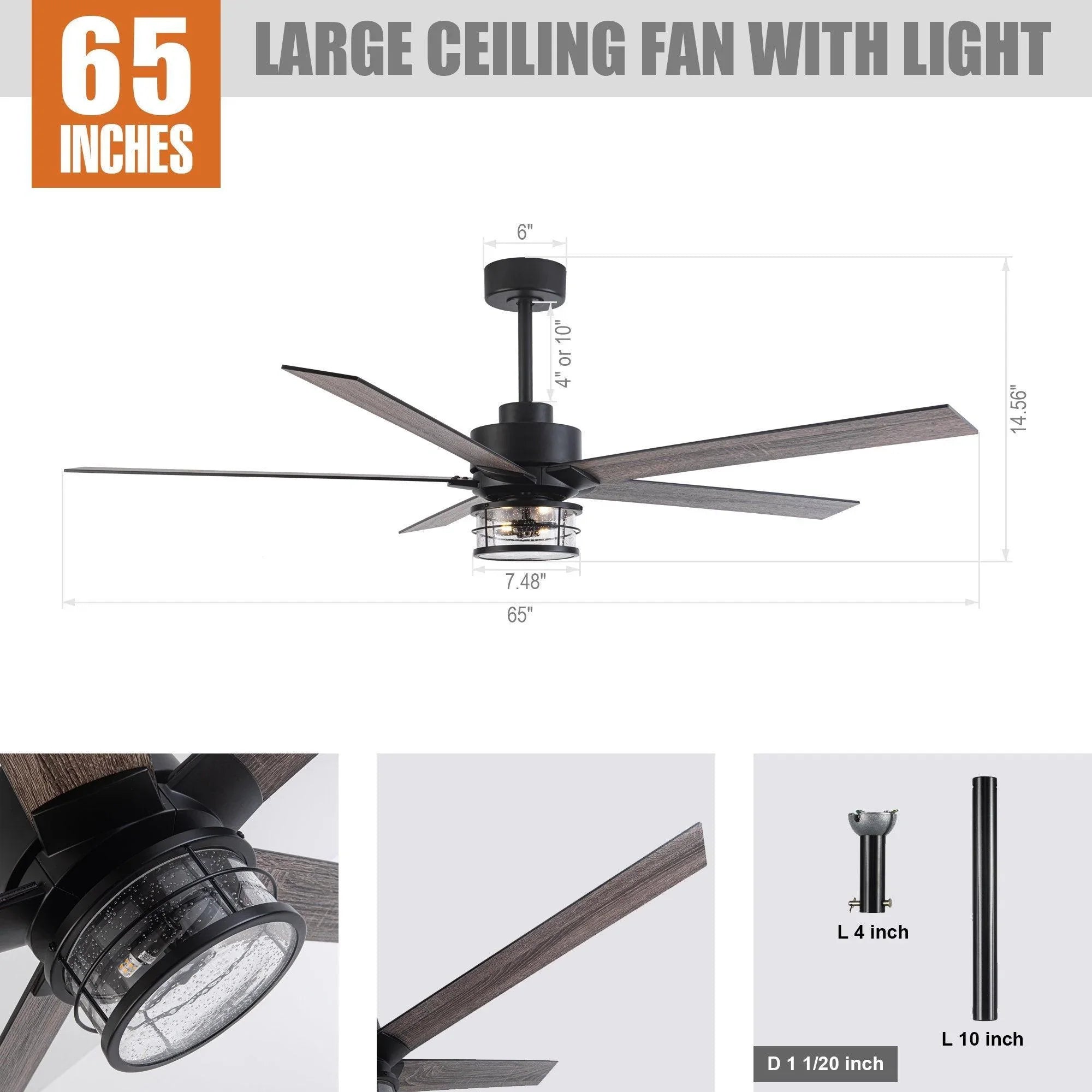 65" Modern DC Motor Downrod Mount Reversible Ceiling Fan with Lighting And Remote Control