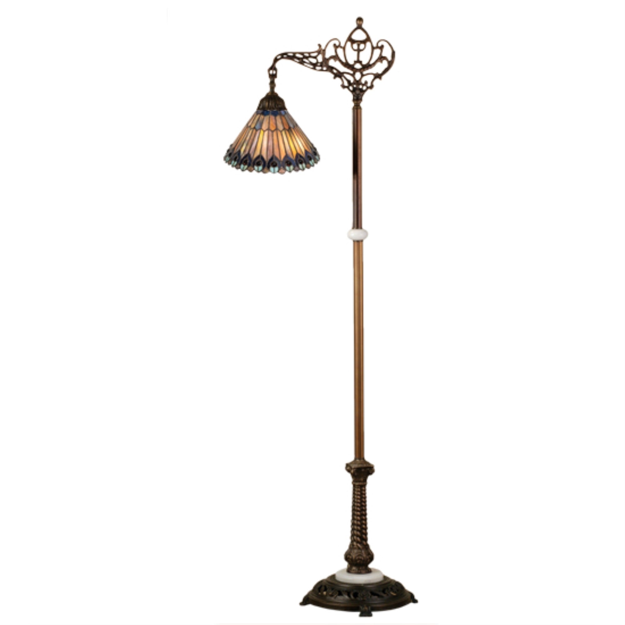 60 inchH Tiffany Jeweled Peacock Bridge Arm Floor Lamp