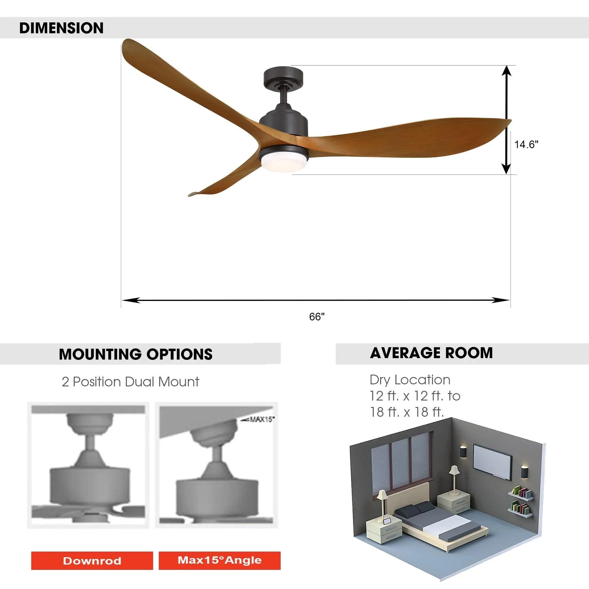 66'' Misael Propeller Integrated Led Indoor Modern Black Ceiling Fan with Remote And Light Kit Included