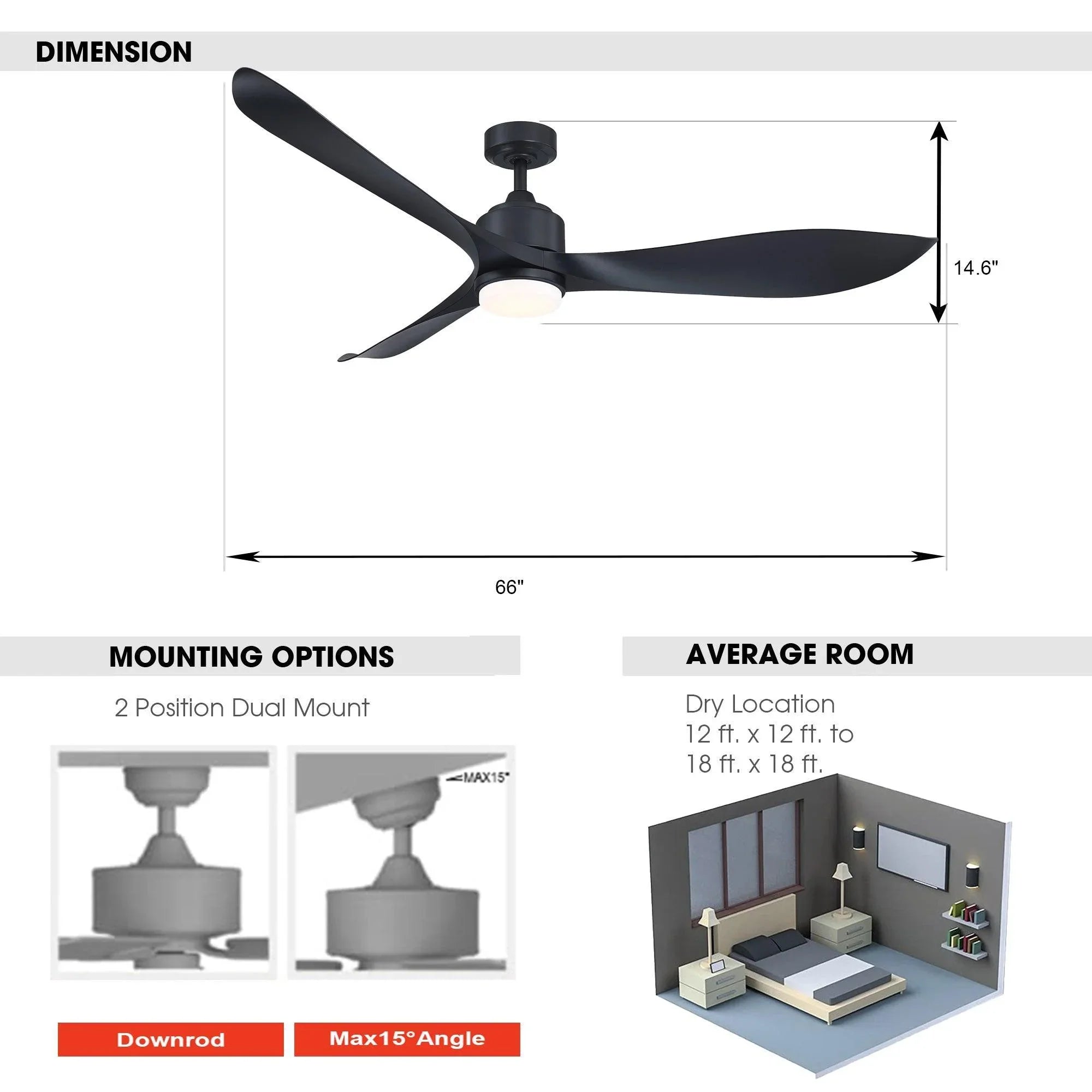 66'' Misael Propeller Integrated Led Indoor Modern Black Ceiling Fan with Remote And Light Kit Included