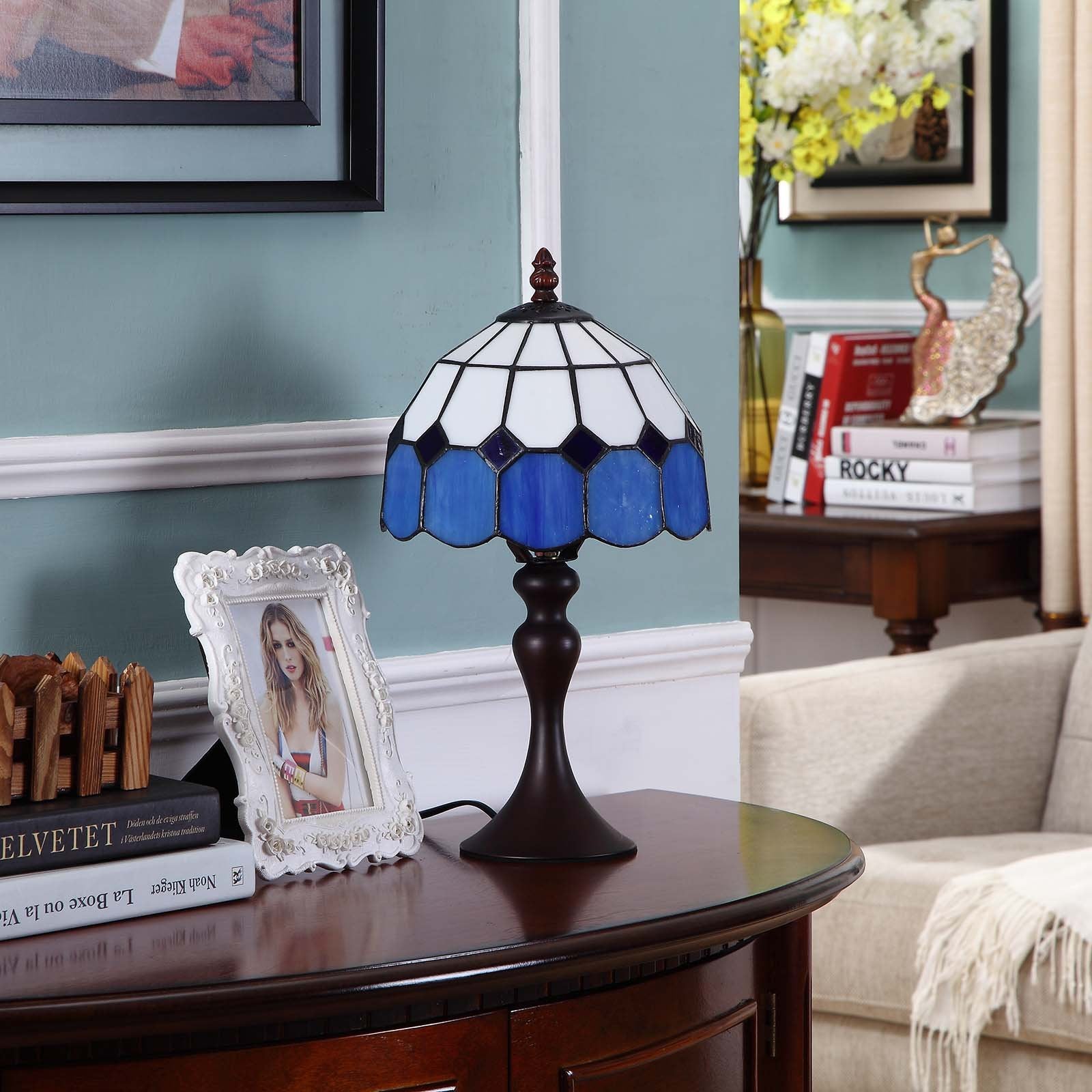 Bieye Tiffany Style Stained Glass Table Lamp, 15in Tall, 8in Wide Shade, Sea Blue, Model L10468, Brown Base