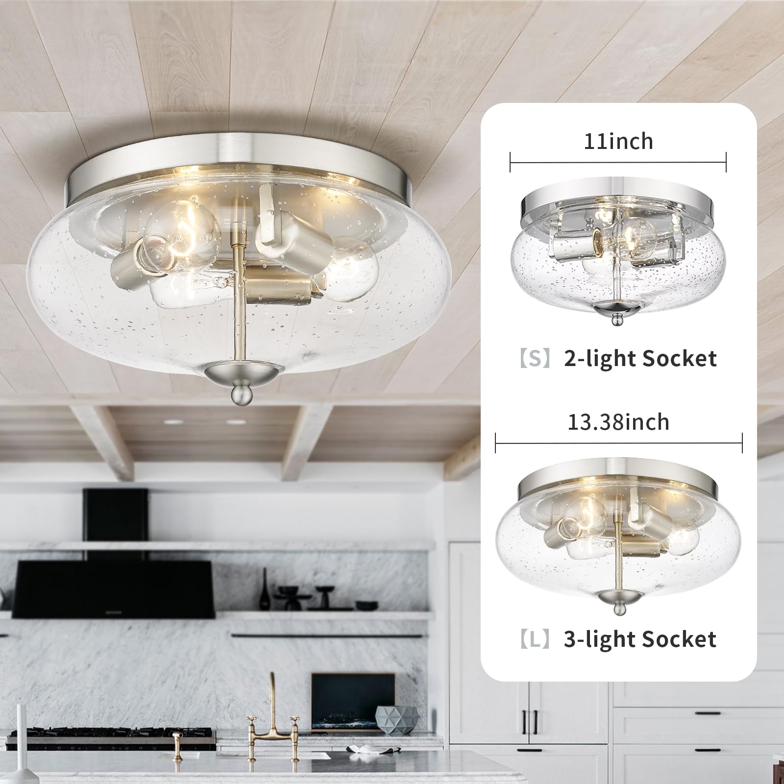 Darkaway Ceiling Light Fixture, 3-Light Flush Mount, Nickel Finish, Seeded Glass Shade, 13.38 inch, Model 6T1F